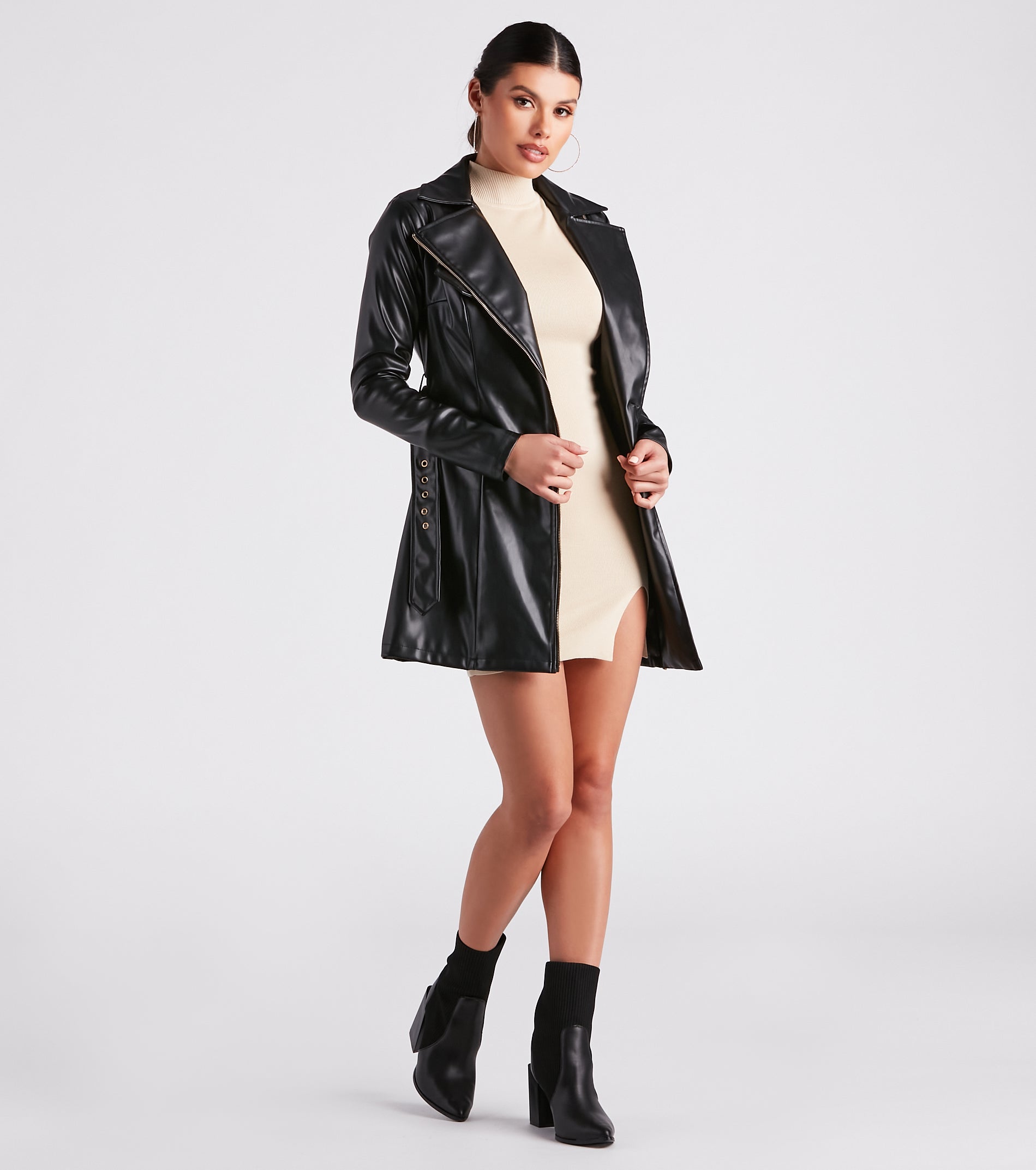 Cinched And Chic Faux Leather Trench Coat