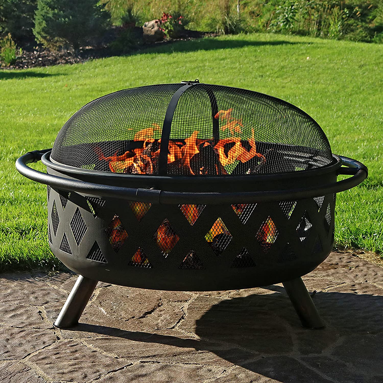 Sunnydaze Black Crossweave Large Outdoor Fire Pit - 36-Inch Heavy-Duty Wood-Burning Fire Pit with Spark Screen for Patio and Backyard Bonfires - Includes Poker and Round Fire Pit Cover