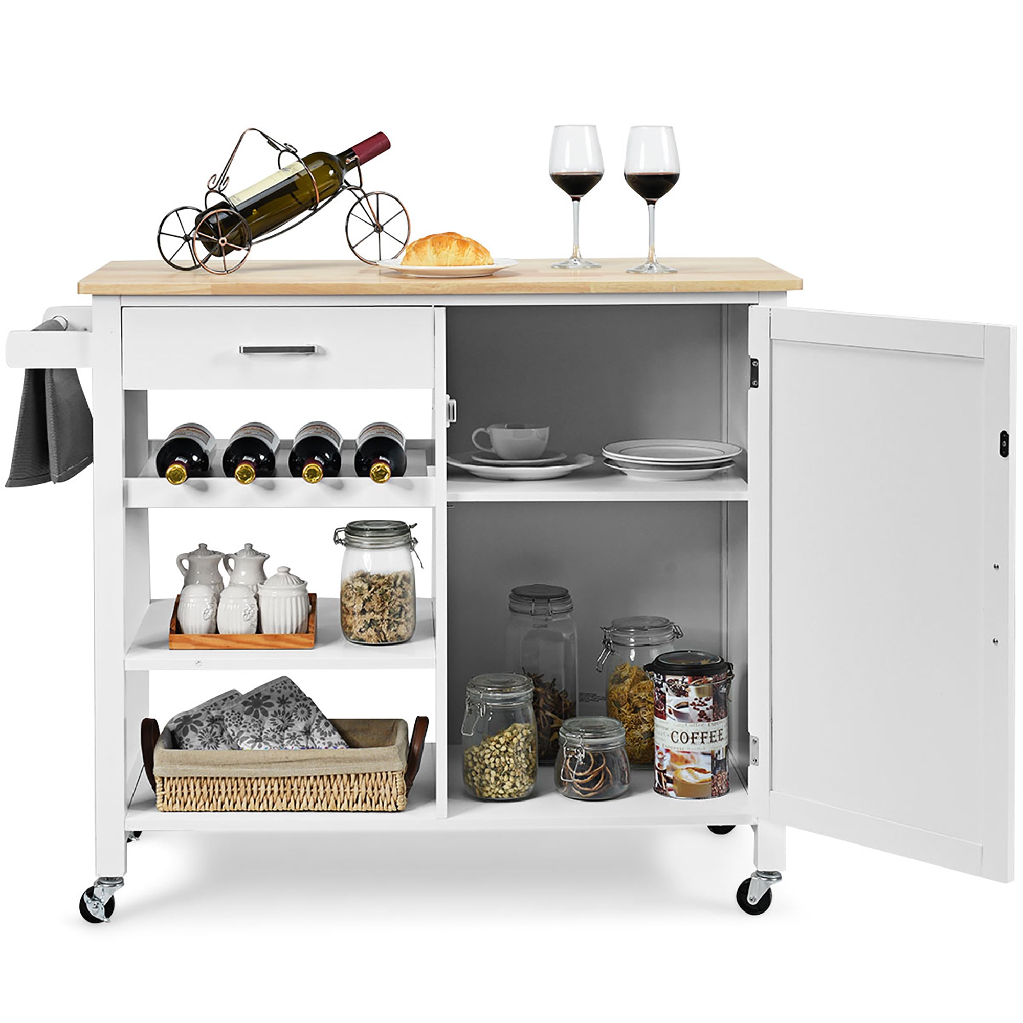 Costway 4-Tier Wood Kitchen Island Trolley Cart Storage Cabinet w/ Wine Rack White