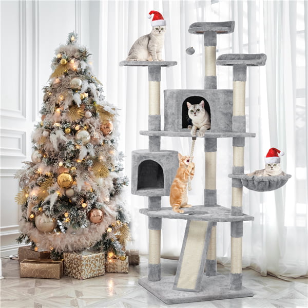 Topeakmart Multi-level Cat Tree Condo Tower with Basket， Scratching Posts and Ramp Light Gray， 79'' H