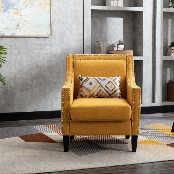 Linen Accent Armchair Living Room With Nailheads And Solid Wood Legs