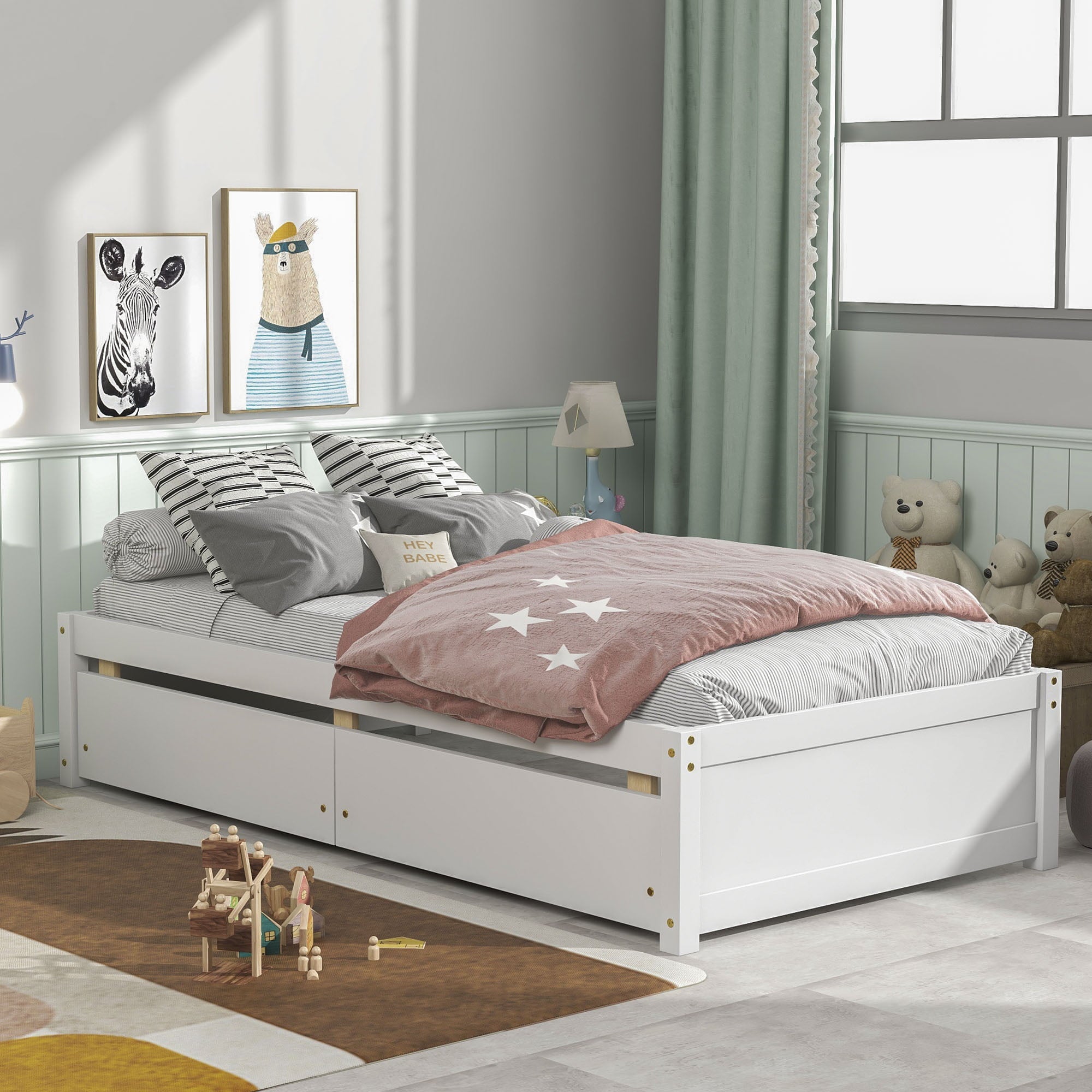 Twin Platform Bed Frame with Storage Drawers, Kids Twin Size Bed Frame No Box Spring Needed, Solid Wood Platform Beds with Two Drawers, Modern Single Bed Bedroom Furniture, White, J1159