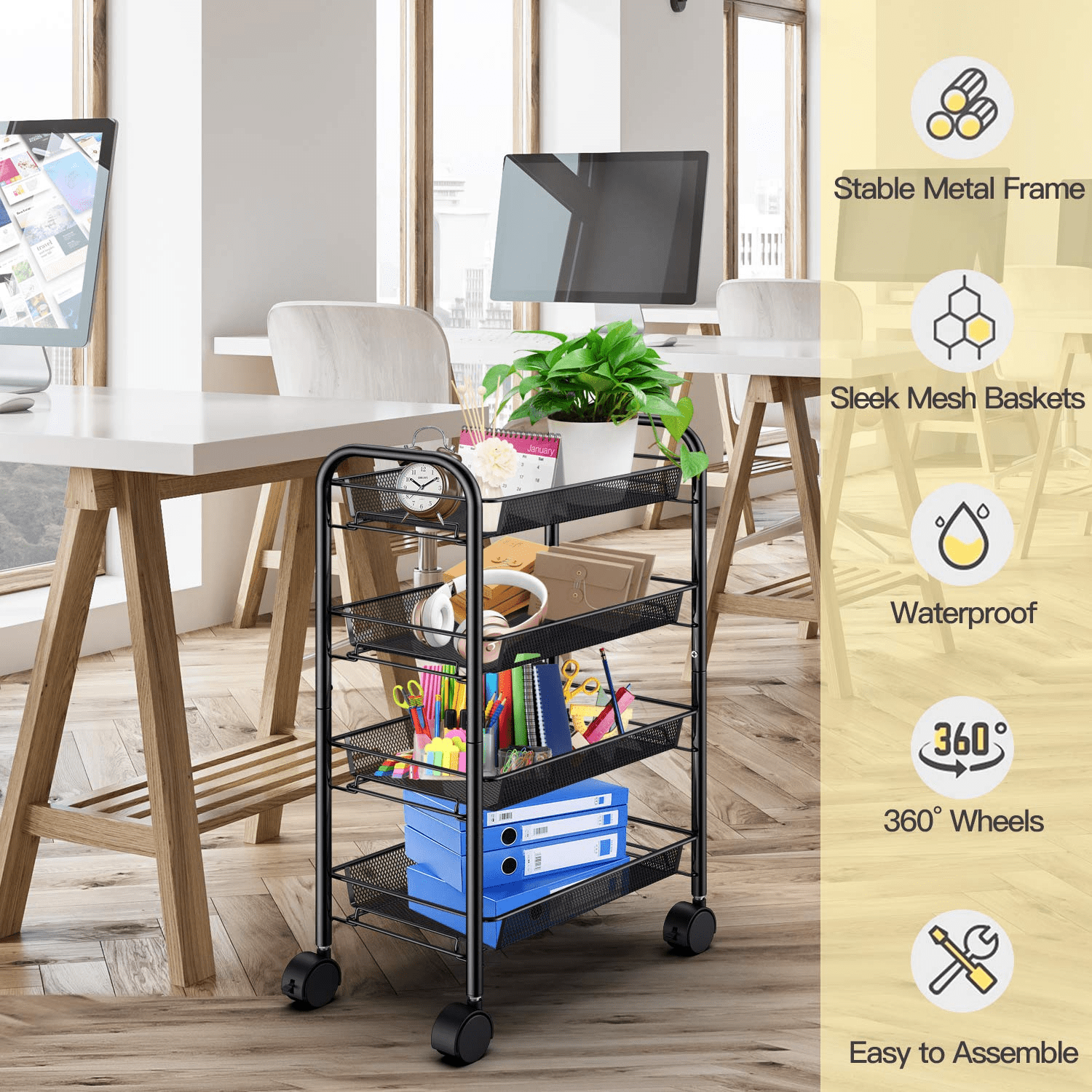 4 Tier Metal Mesh Rolling Utility Cart Storage Cart Kitchen Cart  for Home Kitchen Organizer， Black