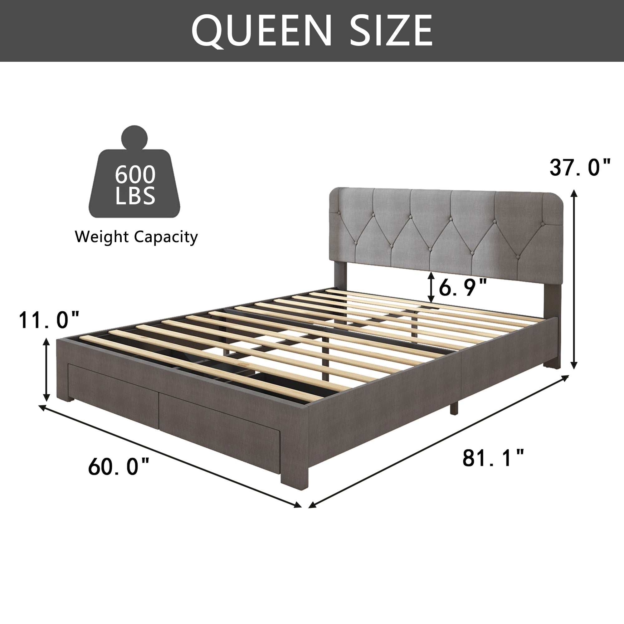 uhomepro Upholstered Platform Bed Frame, Modern Queen Size Storage Bed Frame with Upholstered Adjustable Headboard, 2 Drawers, Heavy Duty Queen Bed with Wood Slats, No Box Spring Needed, Gray