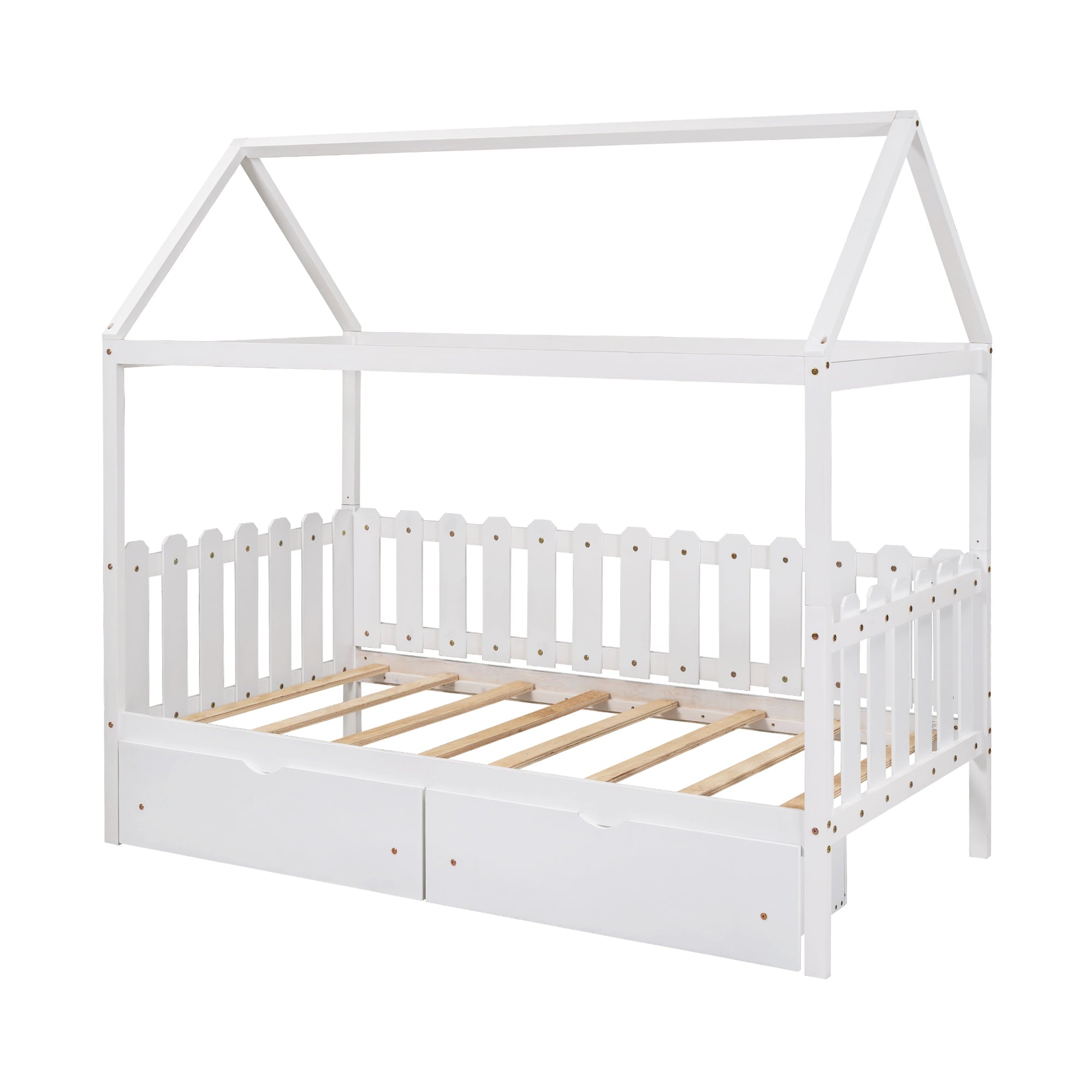 Euroco Twin Size Wood House-Shaped Bed with Drawers for Kids, White