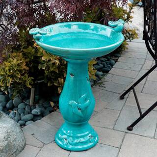 Alpine Corporation 24 in. Tall Outdoor Ceramic Antique Pedestal Birdbath with 2 Bird Figurines， Turquoise TLR102TUR