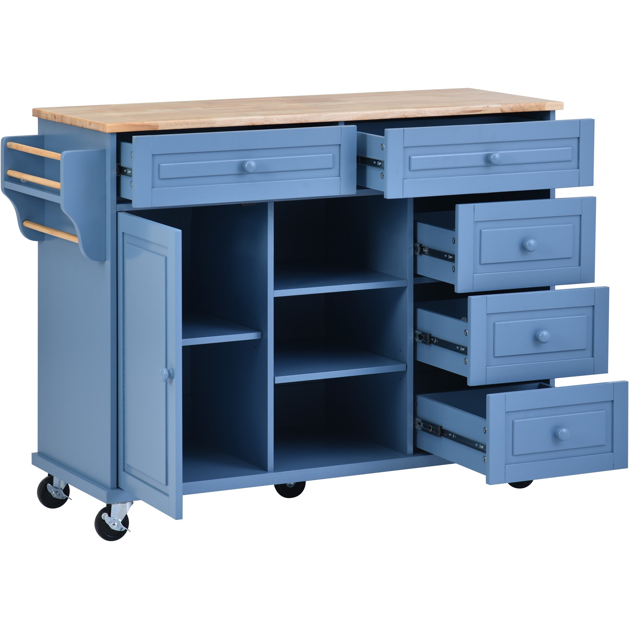 Kitchen Cart with Storage Cabinet， Rolling Mobile Kitchen Island with Adjustable Shelves and 5 Drawers， 53