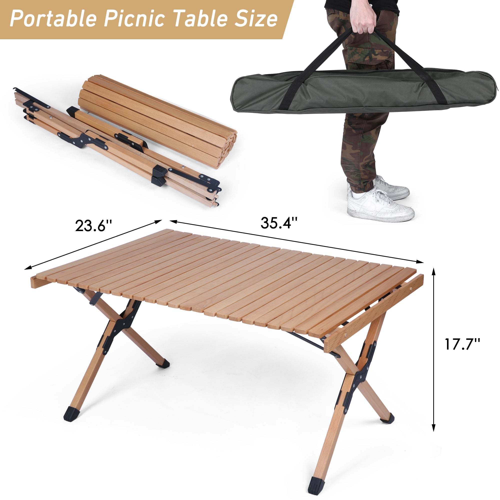 KARMAS PRODUCT Folding Outdoor Camping Wooden Table - Lightweight Roll Up Picnic Table with Carrying Bag， for Beach Backyard BBQ Party Fishing