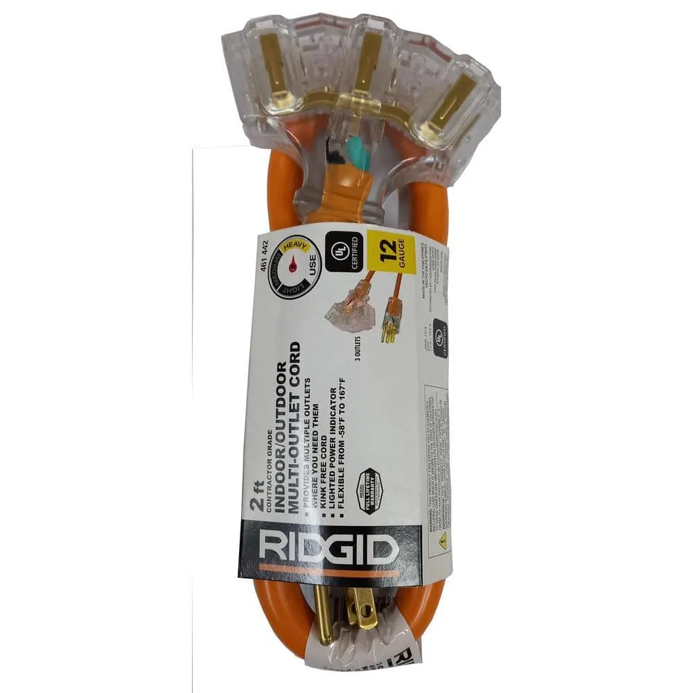RIDGID 2 ft. 12/3 Multi-Outlet Extension Cord, Orange/Gray HD#461-442
