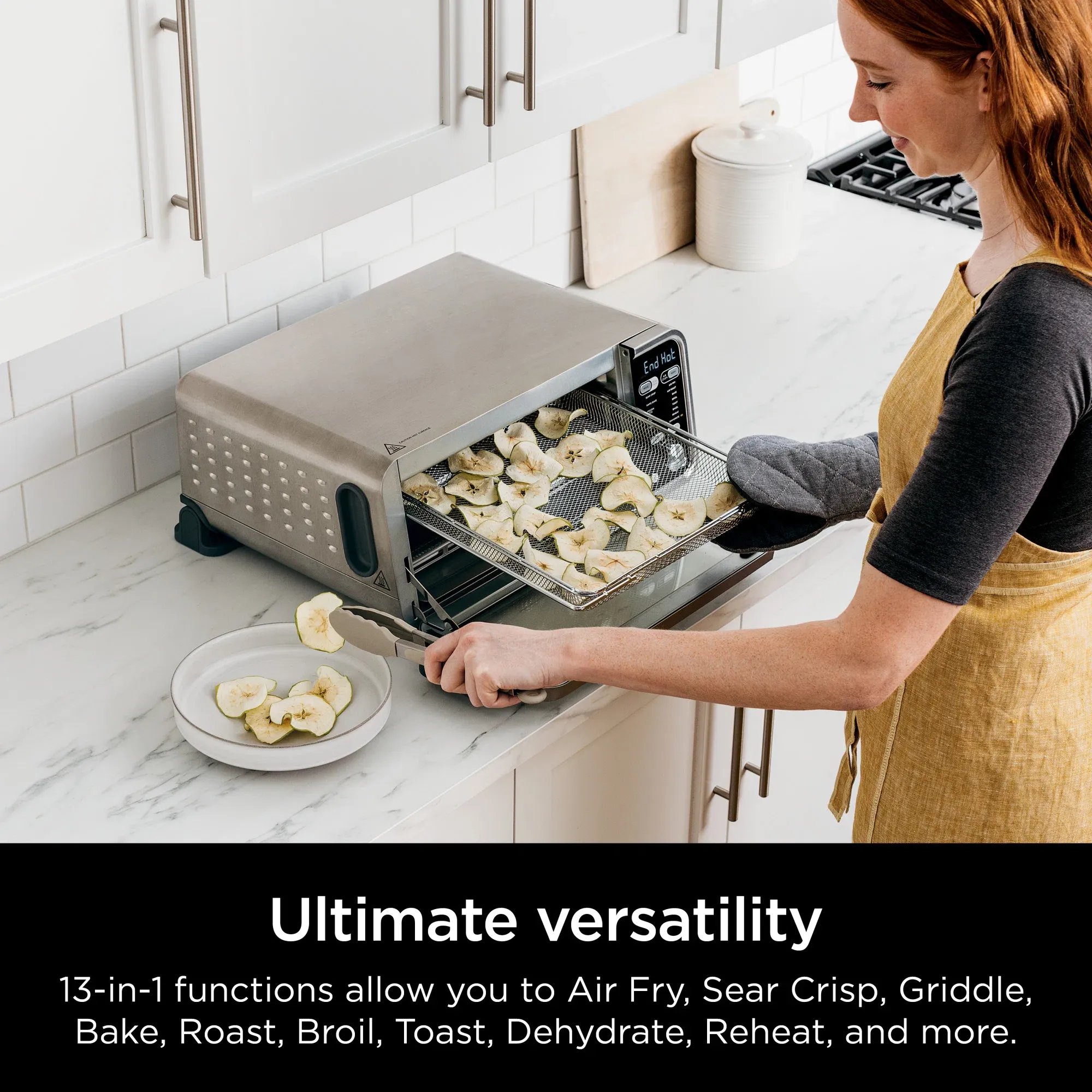 Ninja SP301 Dual Heat Air Fry Countertop 13-in-1 Oven with Extended Height， XL Capacity， Flip Up and Away Capability for Storage Space， with Air Fry Basket， SearPlate， Wire Rack and Crumb Tray， Silver