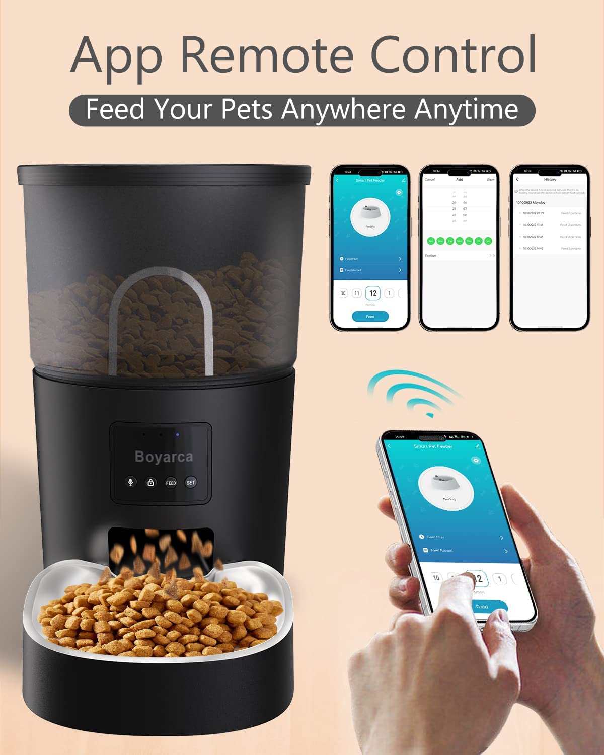 Automatic Cat Feeders with App，Tuya Smart Auto Pet Feeder for Cats and Dogs，2.4GHz WiFi Pet Dry Food Dispenser， with Remote Feeding Timer，Works with Google for Home Automation，3L，Black