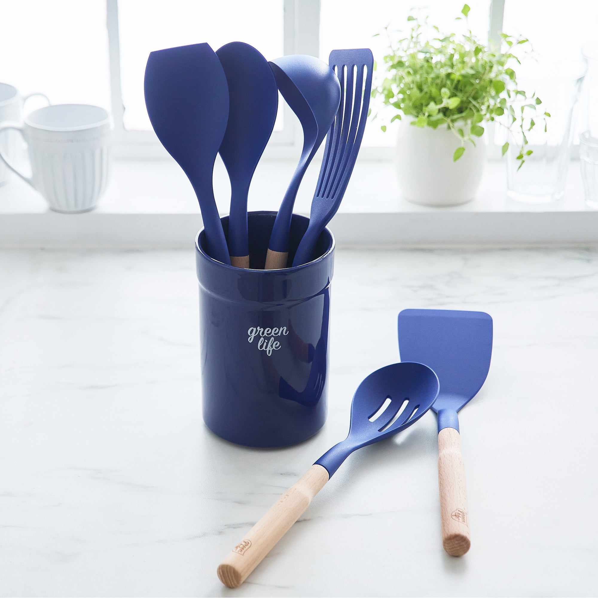 GreenLife Nylon & Wood Cooking Utensils with Ceramic Crock, 7-Piece Set | Blue