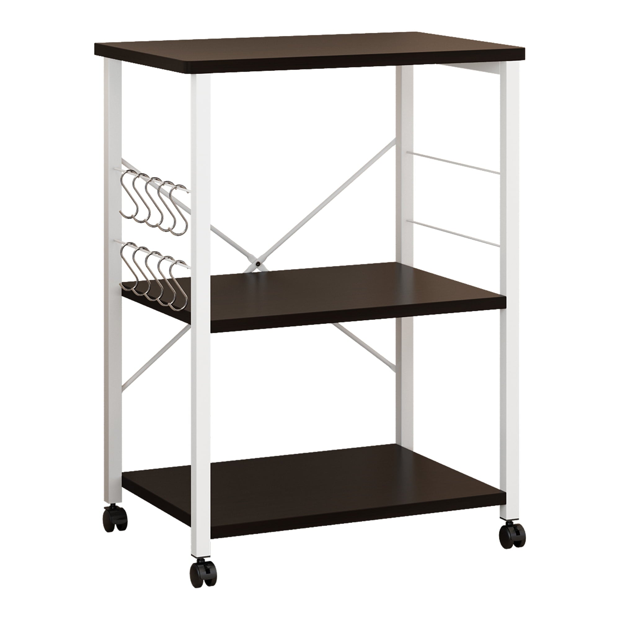 Zimtown 3 Tier Rolling Bar Cart， Kitchen Microwave Oven Stand Cart Island on Wheels with Storage Shelves， Coffee Station， Wood/Metal， Dark Brown/White