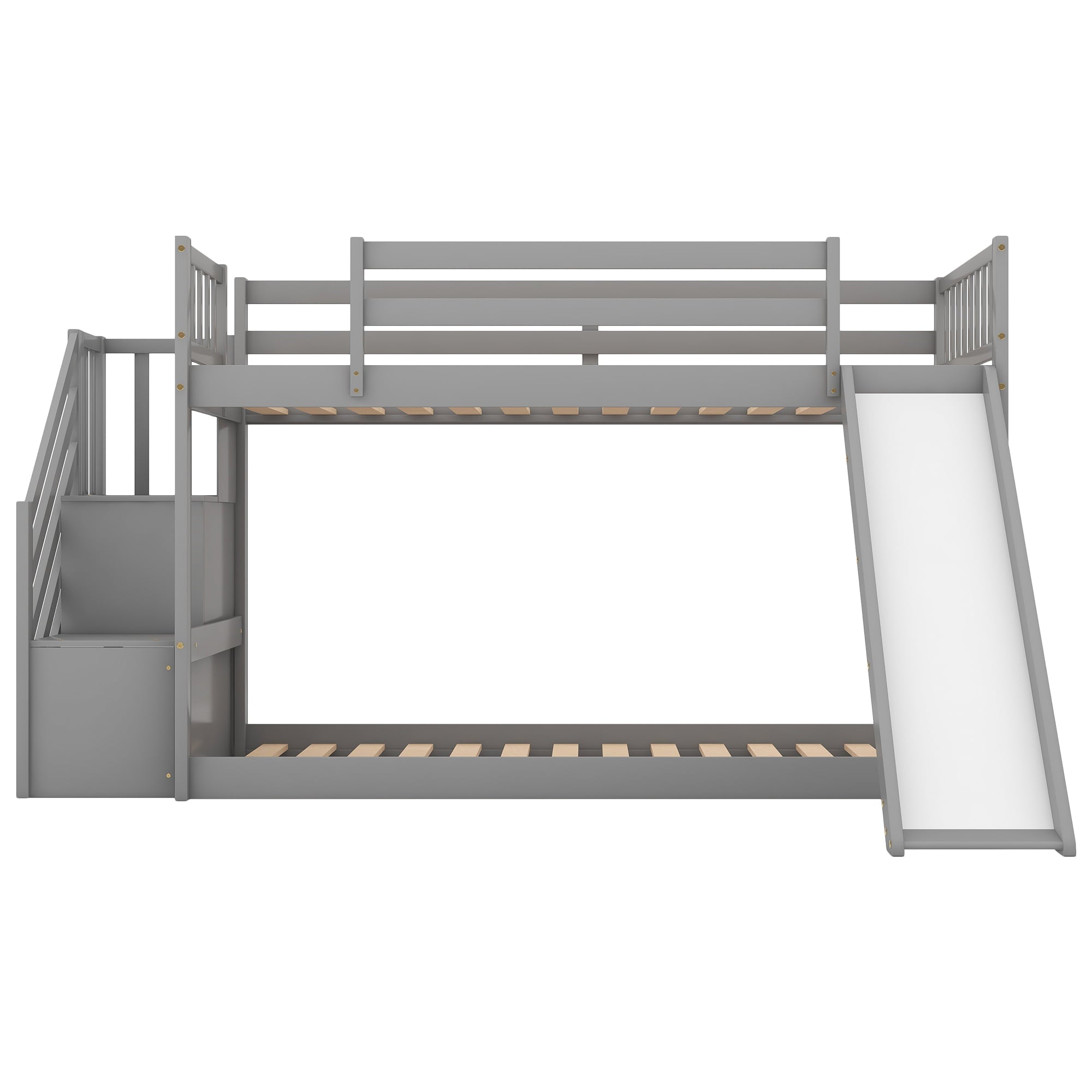Euroco Twin Over Twin Bunk Bed with Slide and Stairway for Kids, Gray