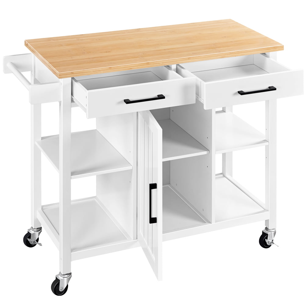 Easyfashion Mobile Kitchen Island Kitchen Cart on Lockable Wheels With Storage， White