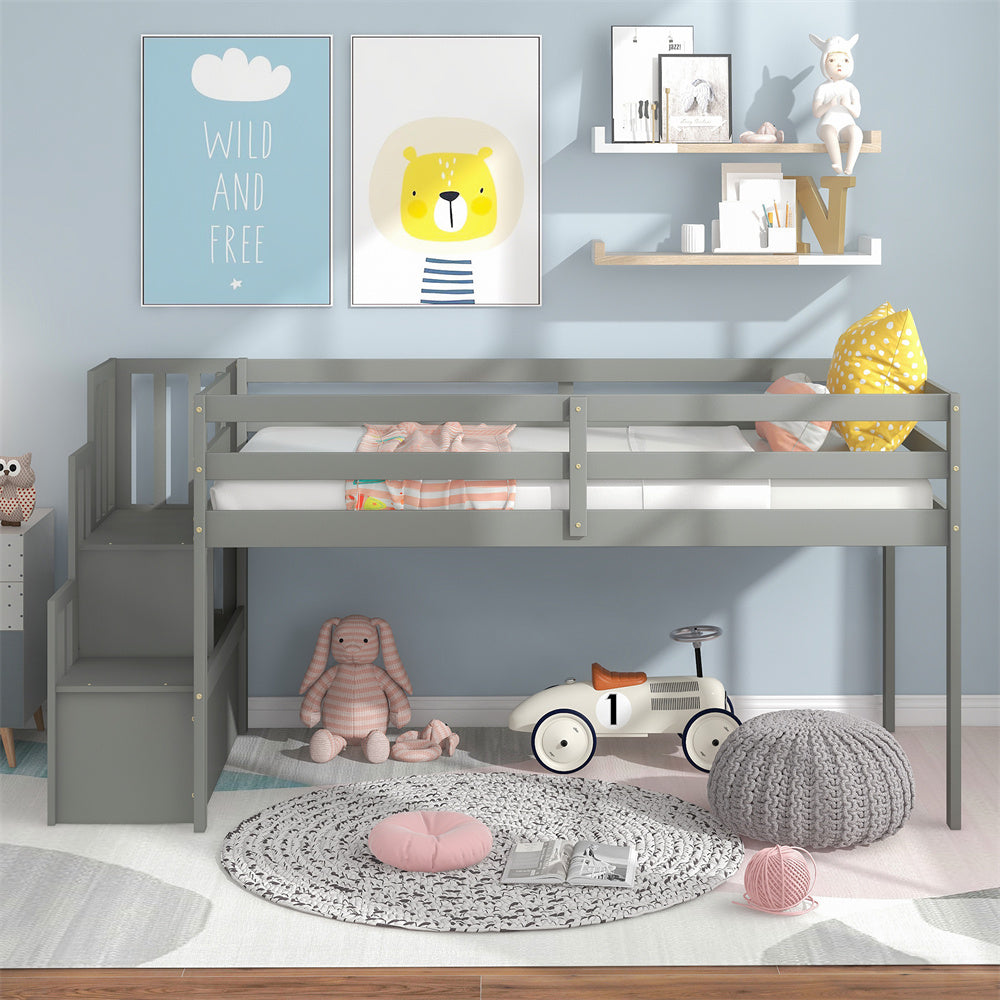 Twin Loft Bed with Stairs and Storage, Wood Loft Bed for Kids/Teens/Child's Room, 44.5 inches Tall, No Box Spring Needed (Gray)