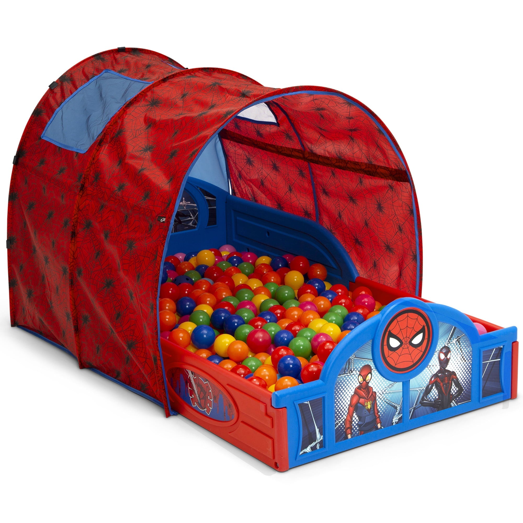 Marvel Spider-Man Sleep and Play Toddler Bed with Tent and Built-In Guardrails by Delta Children