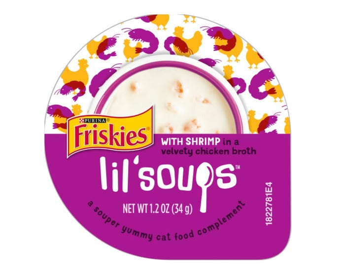 Purina Friskies Natural， Grain Free Wet Cat Food Lickable Cat Treats， Lil Soups With Shrimp in Chicken Broth - 1.2 oz. Cup