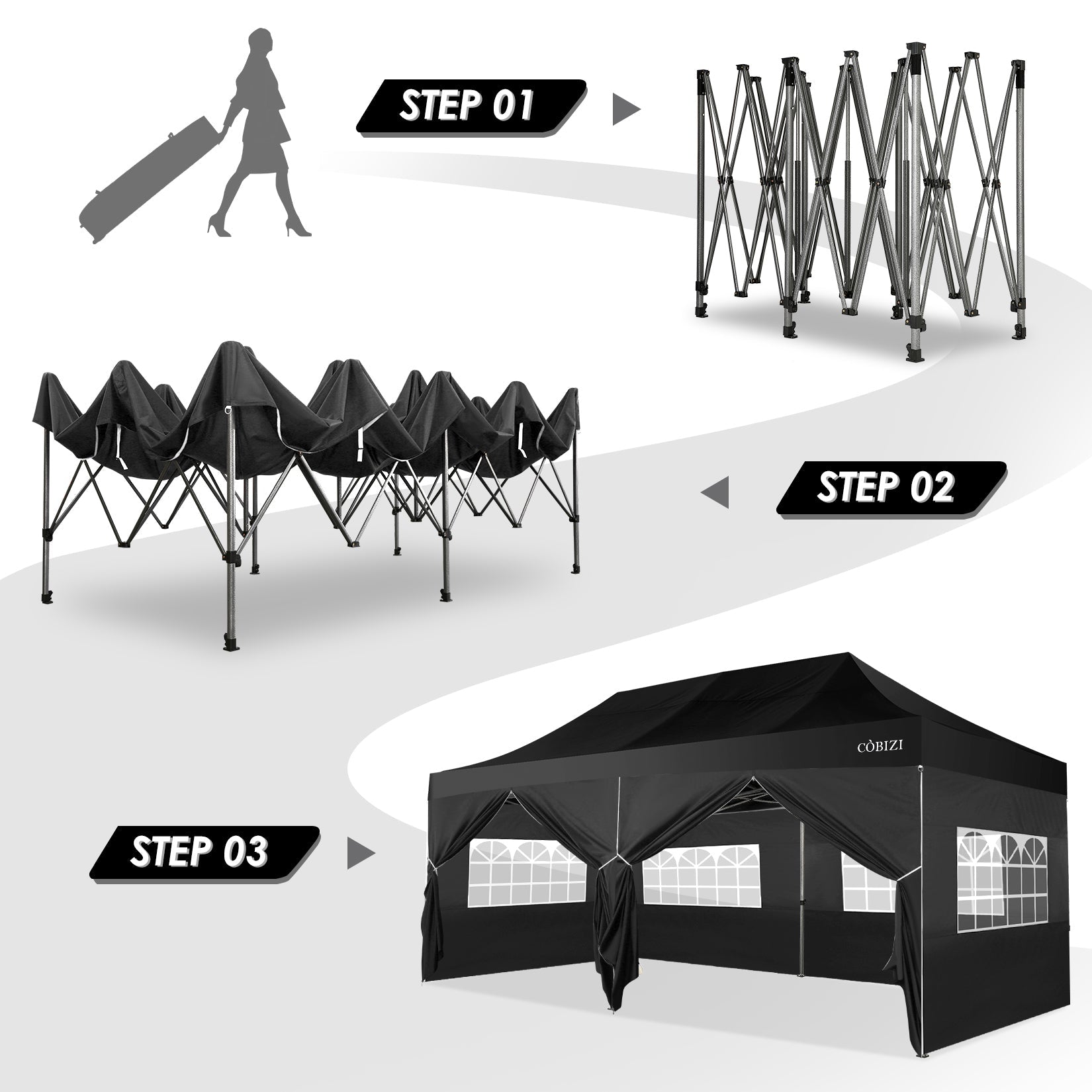 10'x20' Canopy EZ Pop Up Canopy Anti-UV Waterproof Outdoor Tent Portable Party Commercial Instant Canopy Shelter Height Adjustable Tent Gazebo with 6 Removable Sidewalls, 6 Sandbags, Roller Bag, Black