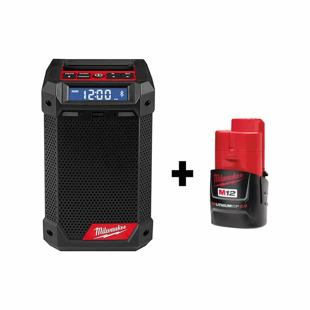 Milwaukee M12 12-Volt Lithium-Ion Cordless Bluetooth/AM/FM Jobsite Radio with Charger with M12 2.0Ah Battery 2951-20-48-11-2420