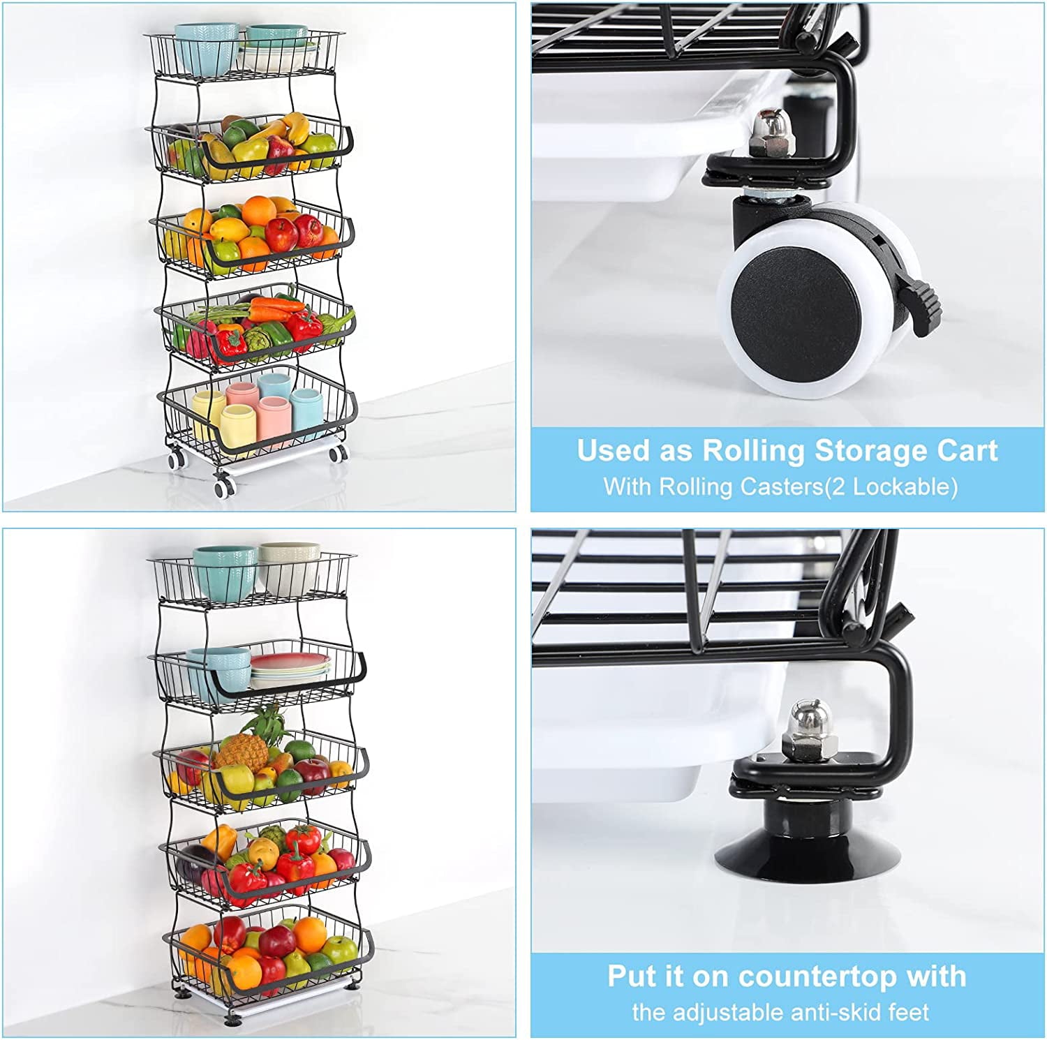 5 Tier Fruit Storage Basket Stand Kitchen Rolling Cart Vegetable Fruit Rack