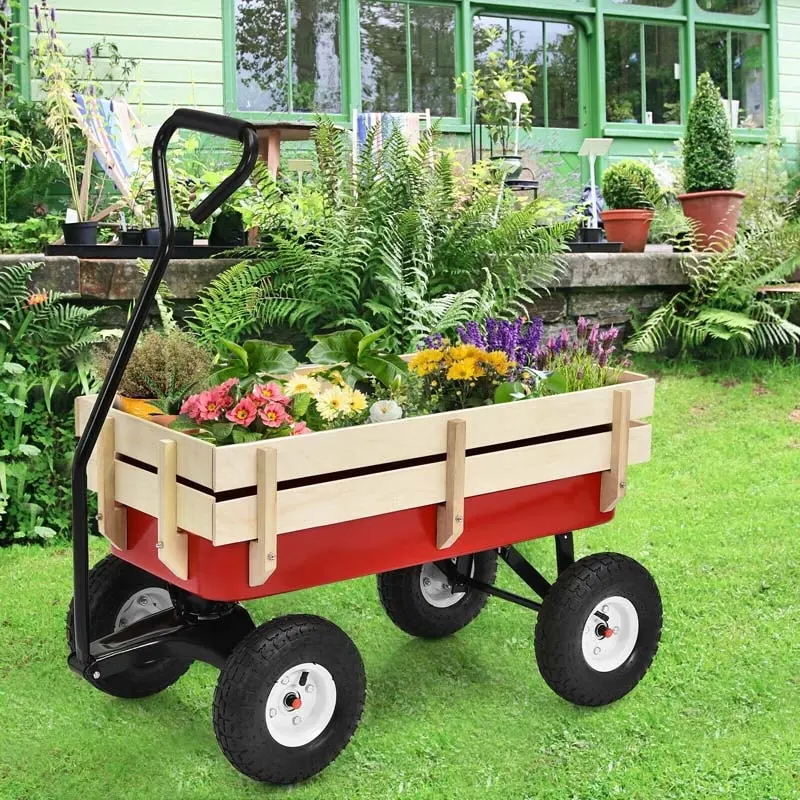 Outdoor Heavy Duty Garden Cart Wagon with Wood Railing