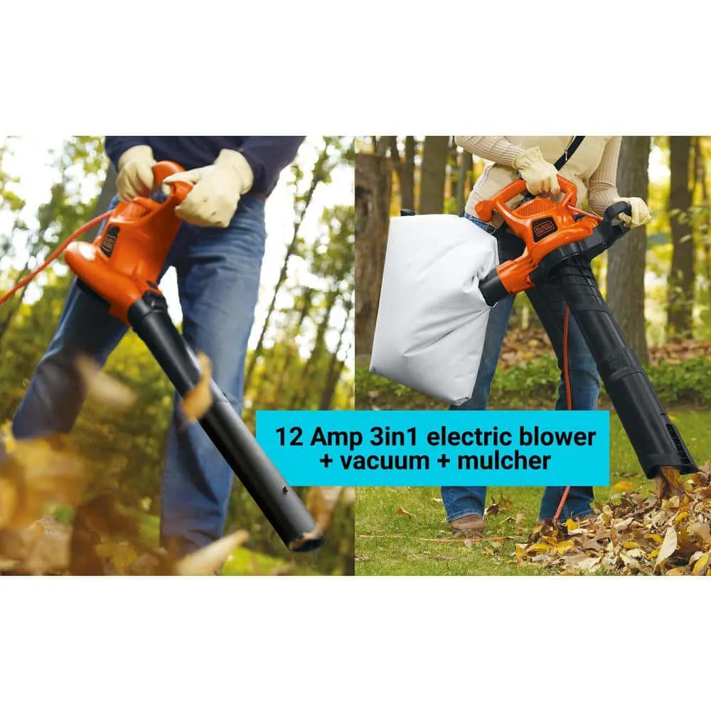 BLACK+DECKER 12 AMP 230 MPH 385 CFM Corded Electric 3-In-1 Handheld Leaf Blower, Vacuum & Mulcher with Tool Free Switchover BV3600
