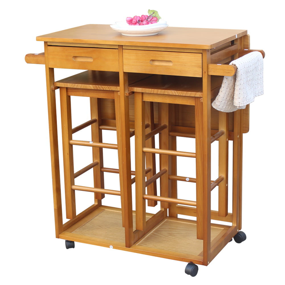 Kitchen Island with Stools， Folding Kitchen Island Trolley Cart， Rolling Cart with Drawers， Portable Breakfast Bar， Drop Leaf Dining Table Set for Dining Room， Bistro， Hotel， Patio， Brown， W4259