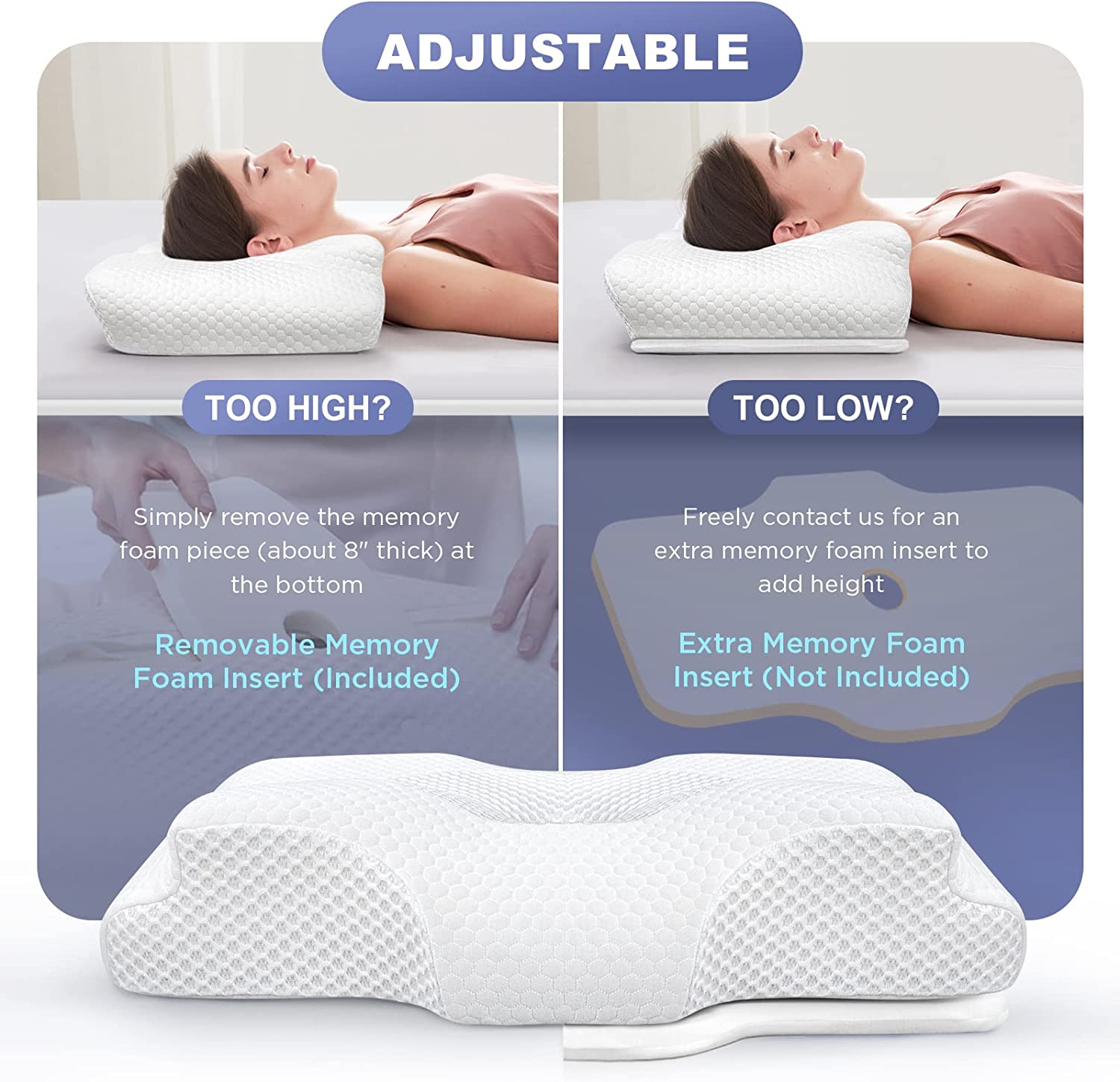 Adjustable Cervical Pillow for Neck Pain Relief, Hollow Contour Memory Foam Pillows Plus Support, Odorless Orthopedic Bed Pillows for Sleeping, Shoulder Pillow for Side Back Stomach Sleeper