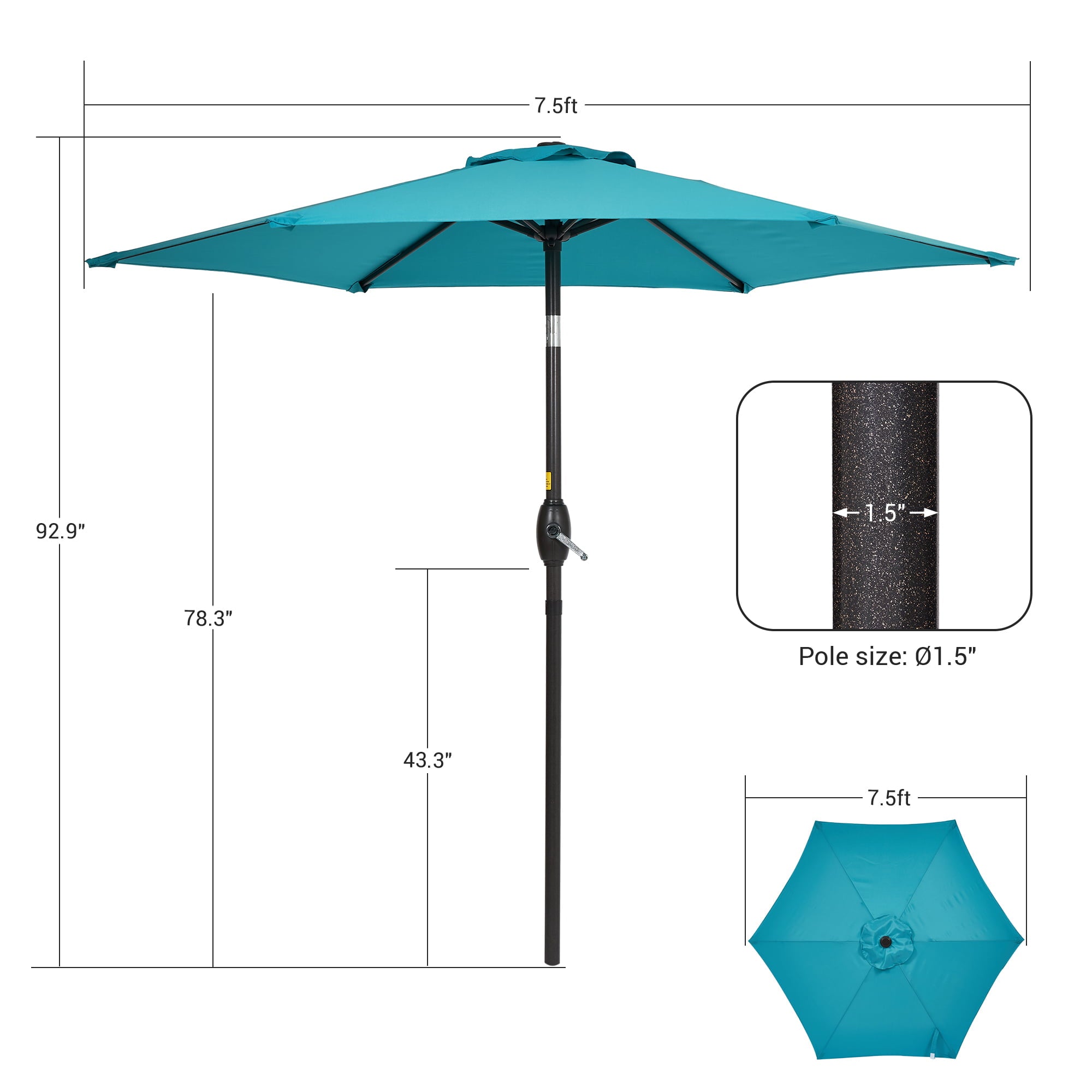 Sonerlic 7.5ft Round Patio Market Umbrella with Steel Frame, Outdoor Table Umbrella for Yard, Poolside and Deck, Turquoise