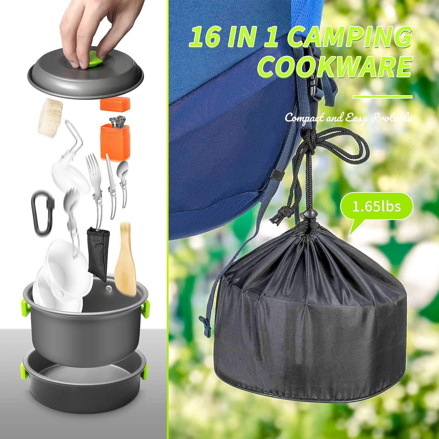 16 Pcs Camping Cookware Set Stove Canister Stand Tripod Outdoor Hiking Picnic Non-Stick Cooking Backpacking with Folding Knife and Fork Set Mess Kit