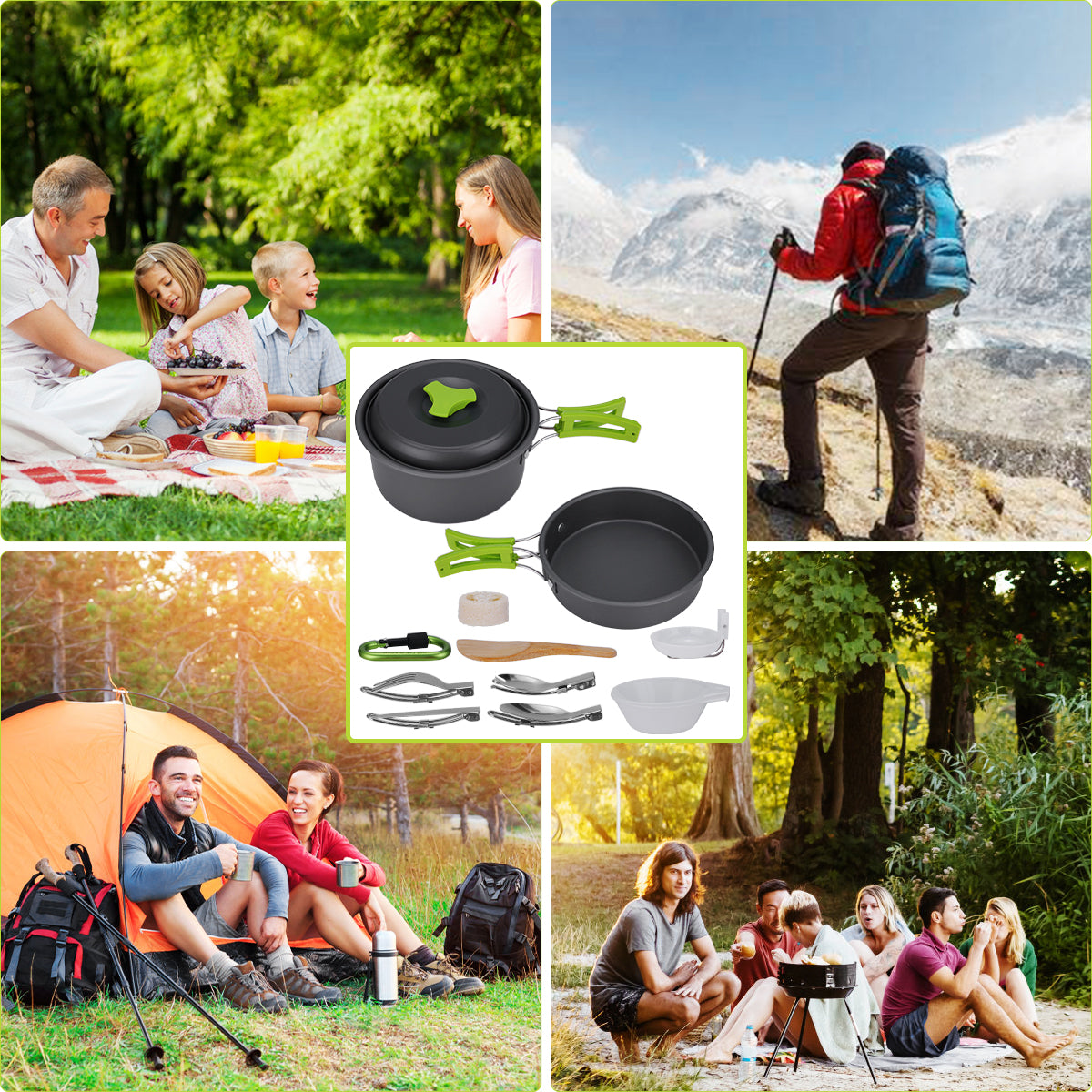 Camping Cookware, 15Pcs Backpacking Gear Hiking Outdoors Non Stick Camping Cookware Set 1-2 People Lightweight Compact Durable Pot Pan Bowls