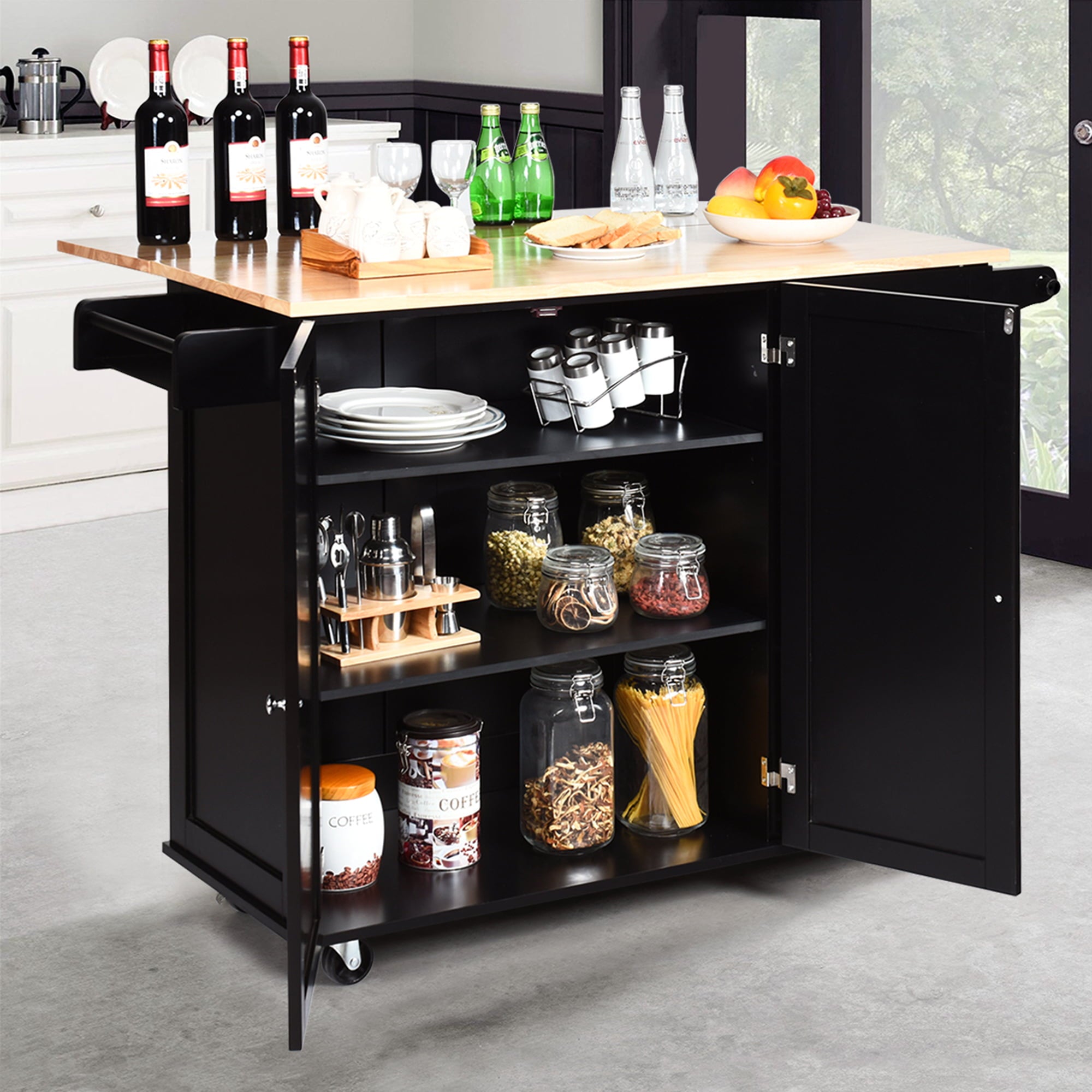 Gymax Drop-Leaf Kitchen Island Trolley Cart Wood Storage Cabinet w/ Spice Rack Black