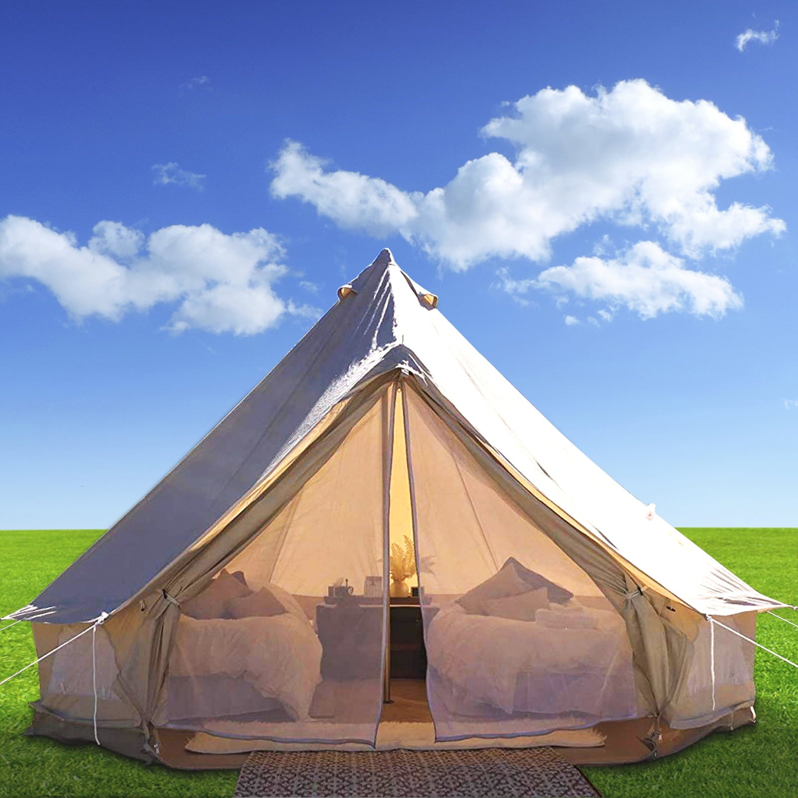 VEVORbrand Canvas Bell Tent 23ft Cotton Canvas Tent with Wall Stove Jacket Glamping Tent Waterproof Bell Tent for Family Camping Outdoor Hunting in 4 Seasons