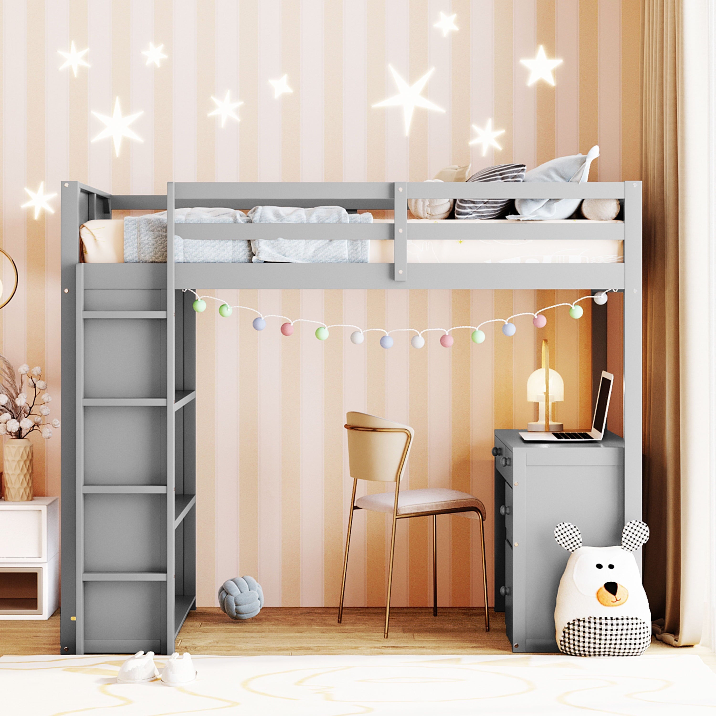 Bellemave Full Size Loft Bed with Desk and Shelves, Wood High Loft Bed Frame with Storage and Ladder, for Kids Teens Adults, Gray