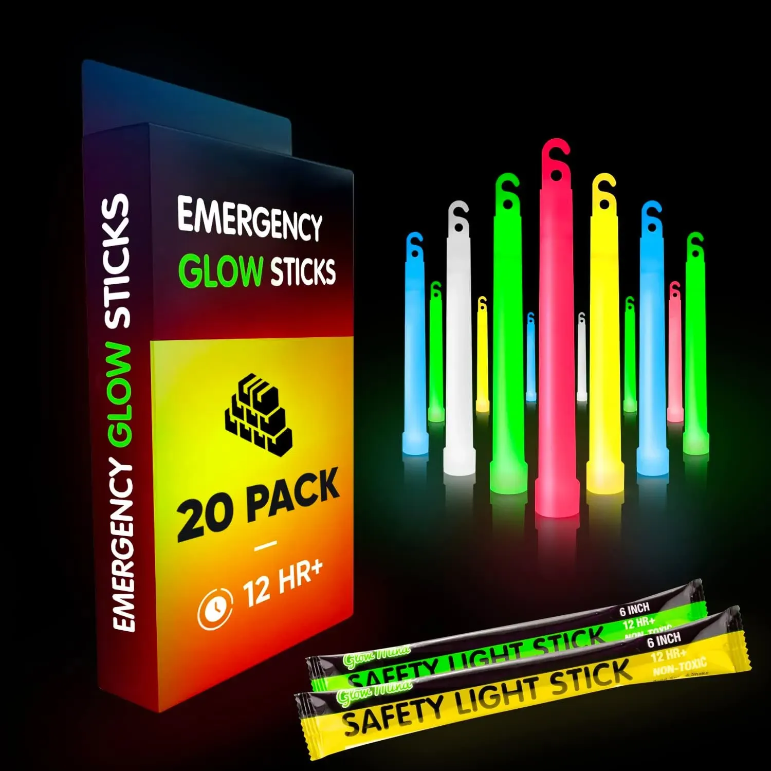 Emergency Glow Sticks with 12 Hours Duration, Individually Wrapped Industrial Grade Glowsticks for Survival Gear, Camping Lights, Power Outages and Military Use