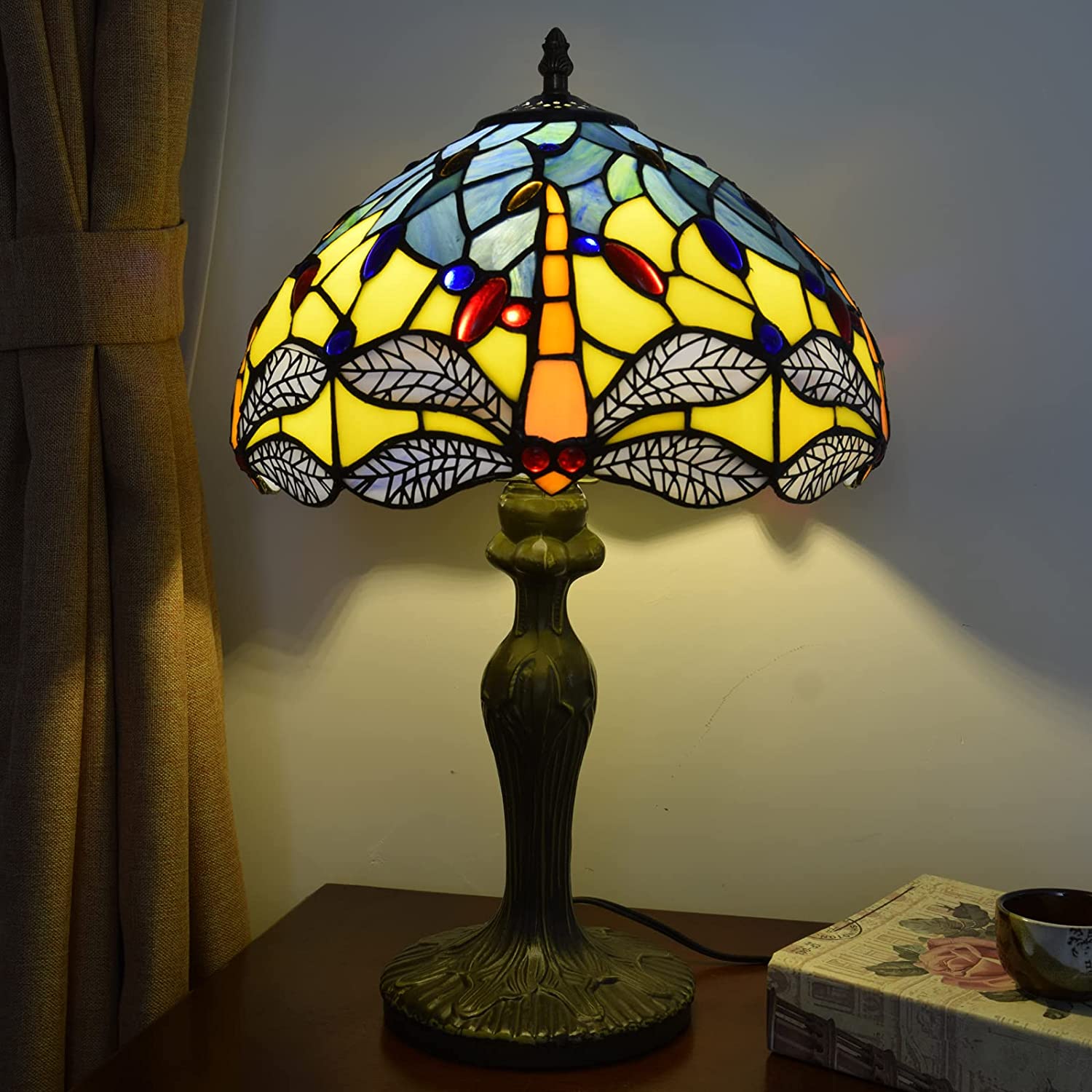 SHADY  Lamp Stained Glass Lamp Yellow Blue Dragonfly Bedroom Table Lamp Reading Desk Light for Bedside Living Room Office Dormitory Dining Room Decorate  12x12x18 Include Light Bul