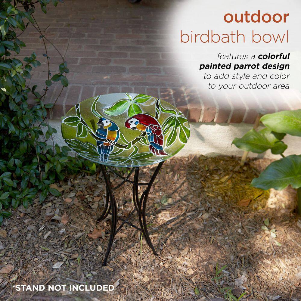 Alpine Corporation 18 in. Round Outdoor Birdbath Bowl Topper with Colorful Painted Parrot Design KPP602T-18