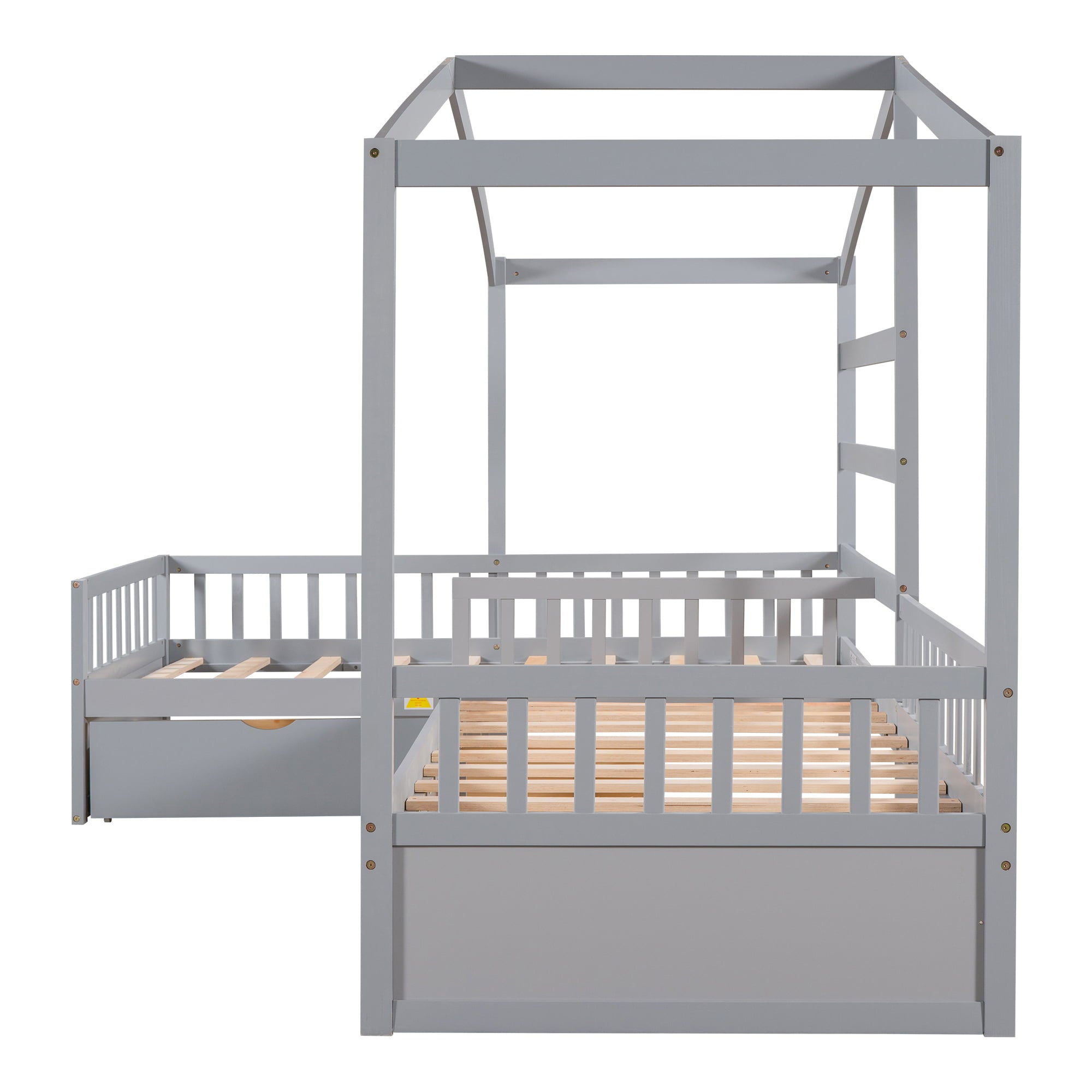 Wood Twin Size Double House Bed with Three Drawers for Kids, Gray