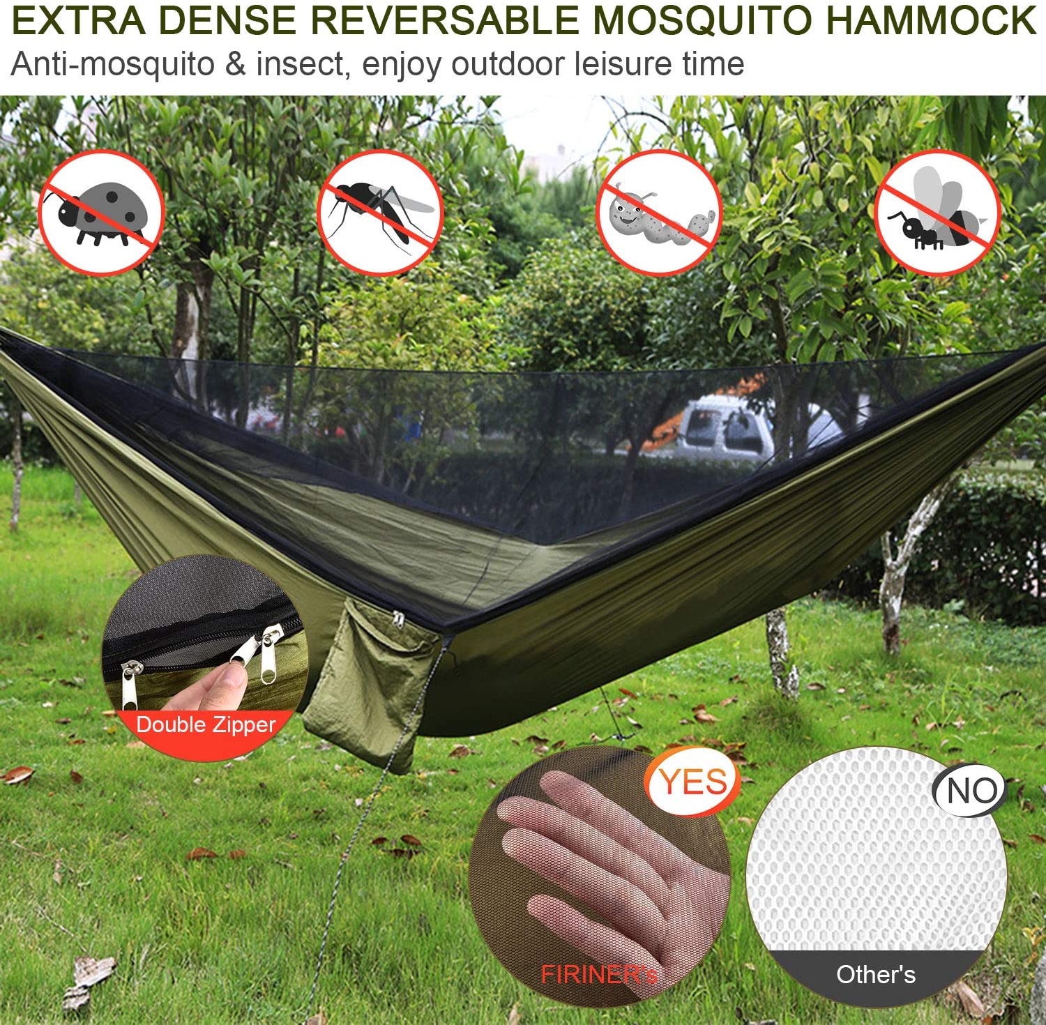 Camping Hammock with PU Rain Fly Tarp and Mosquito Net Tent Tree Straps, Portable Single Double Nylon Parachute Hammock Rainfly Set for Backpacking Hiking Travel Yard Outdoor Activities Army green