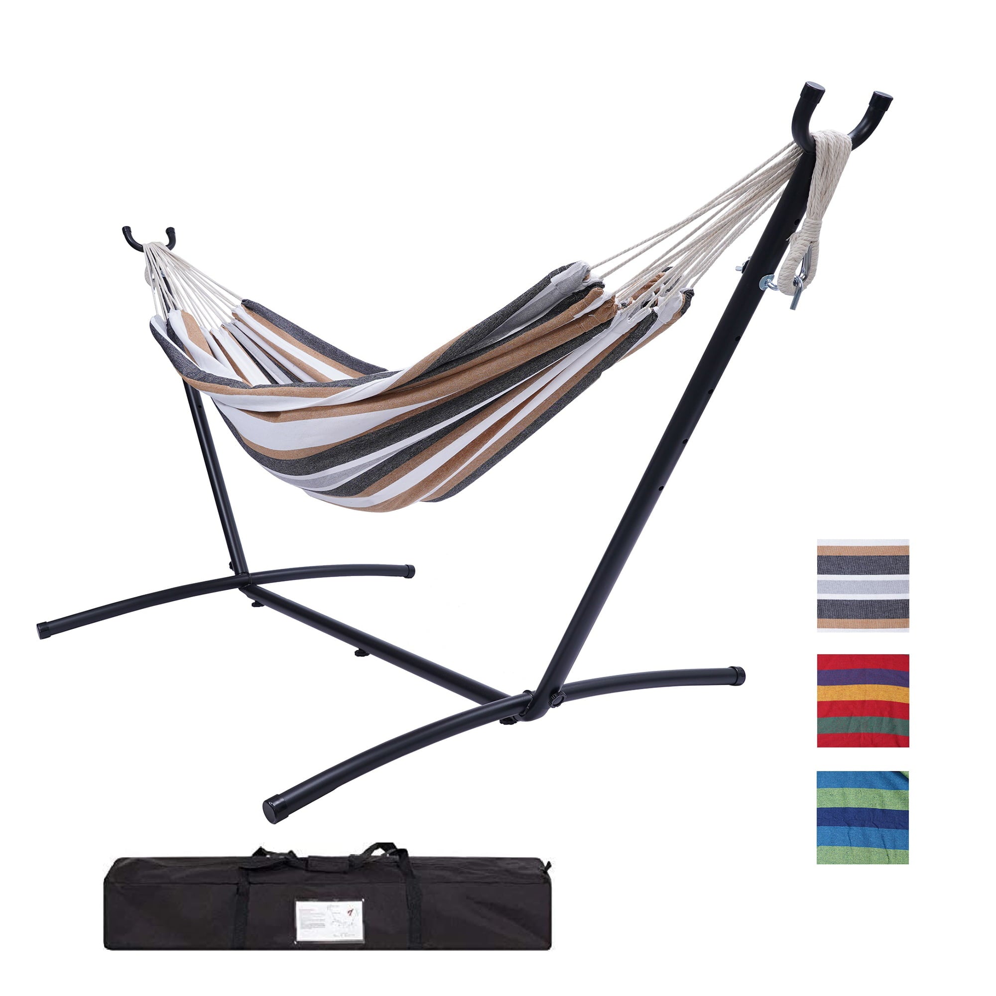 Outdoor Patio Yard Beach Double Hammock Or Indoor with Carrying Case, Portable Hammock with Stand, Heavy Duty Steel Frame, Brown/Grey Striped