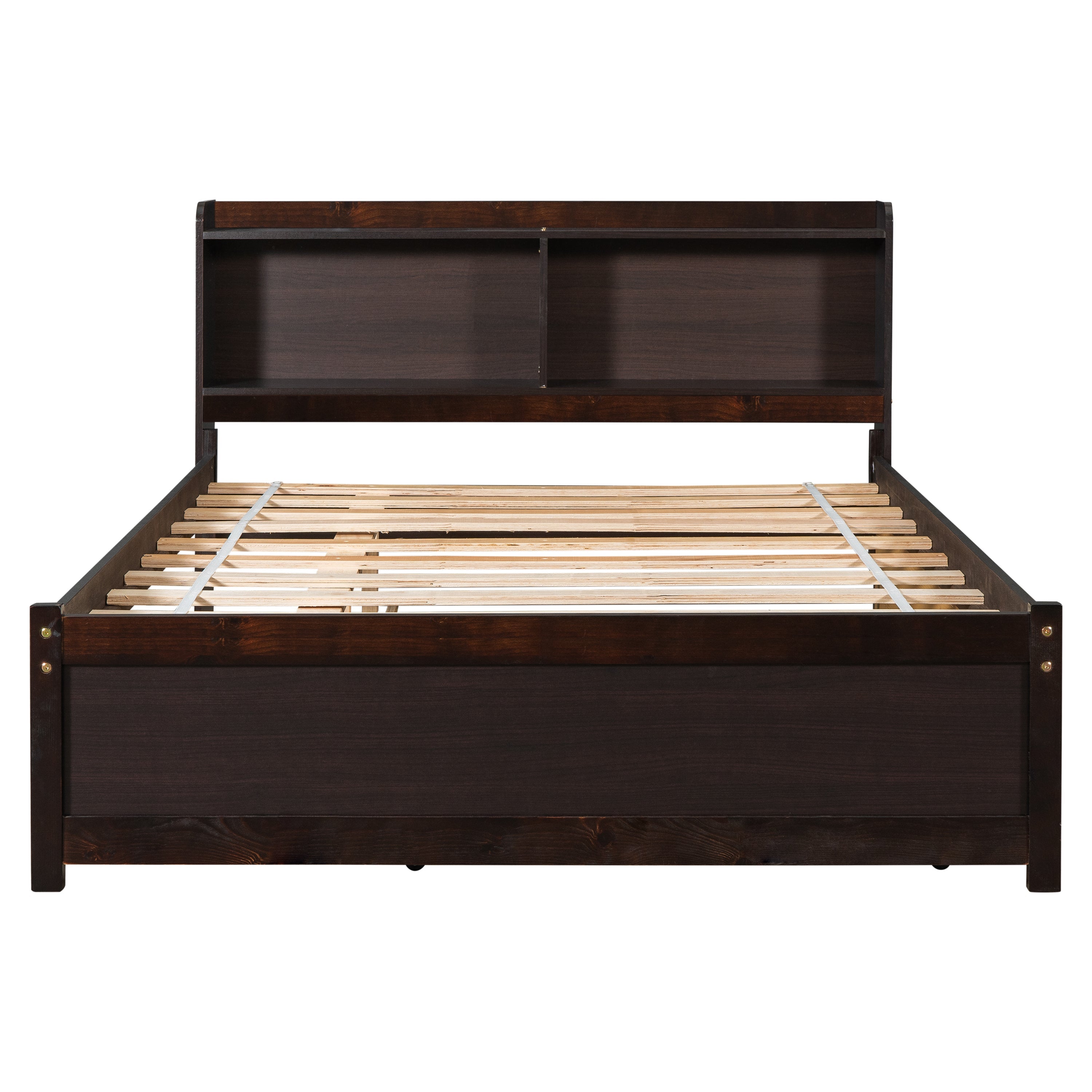 Full Bed Frame with Trundle Included, BTMWAY Wood Platform Bed with Storage Bookcase and Headboard, No Box Spring Needed, Full Size Bed Frame for Kids Boys Girls Teens, 85''x57.5''x36.7'', Espresso