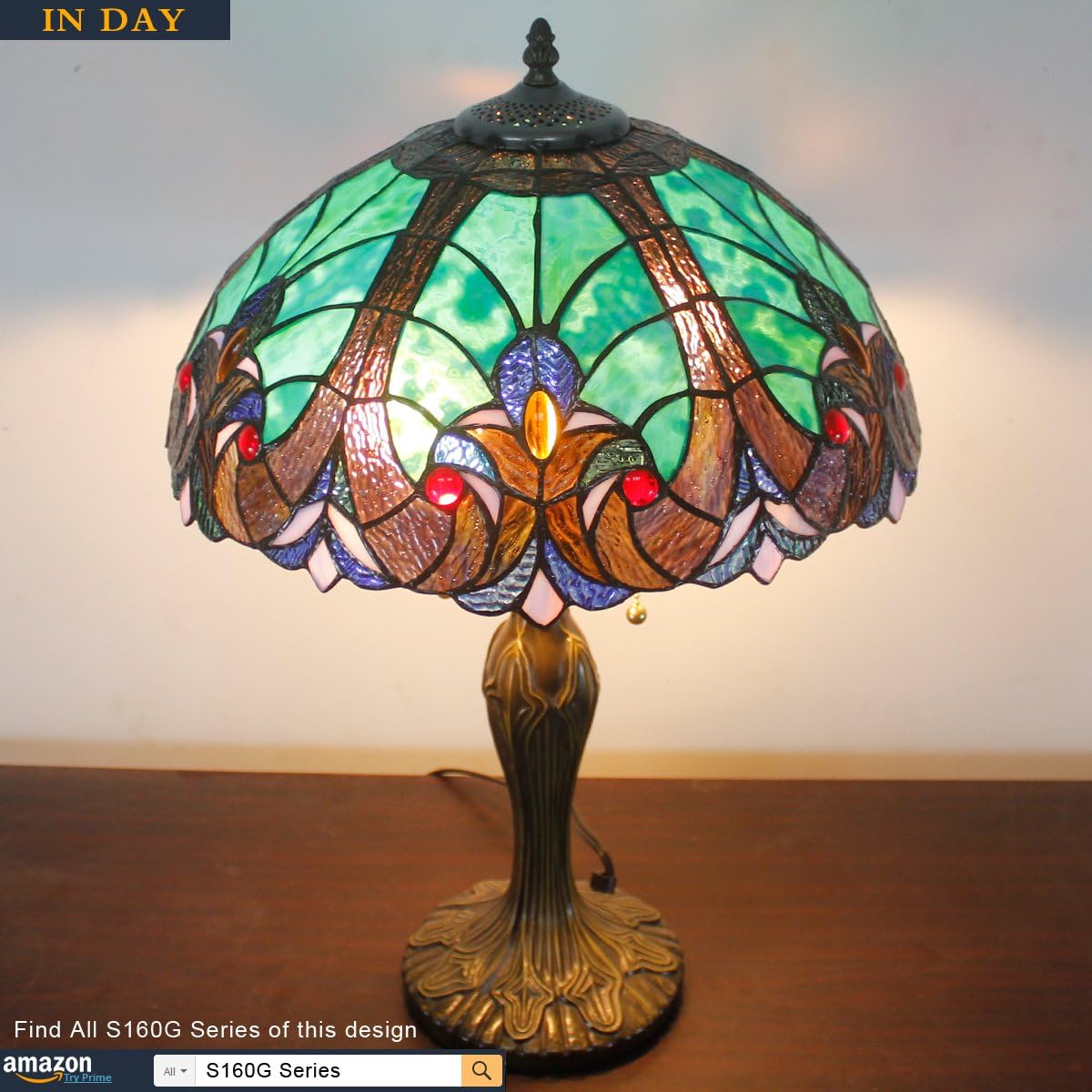 GEDUBIUBOO  Style Lamp Green Liaison Stained Glass Bedside Table Lamp 16X16X24 Inches Desk Light Metal Base Decor Bedroom Living Room  Office S160G Series Teal Purple