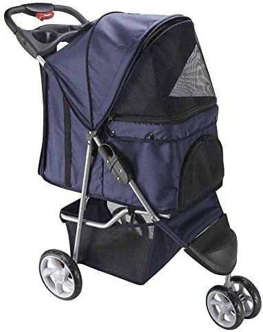 Paws and Pals Pet Stroller for Cats and Dogs Folding 3-Wheel Carrier Jogger (Blue) (Small)