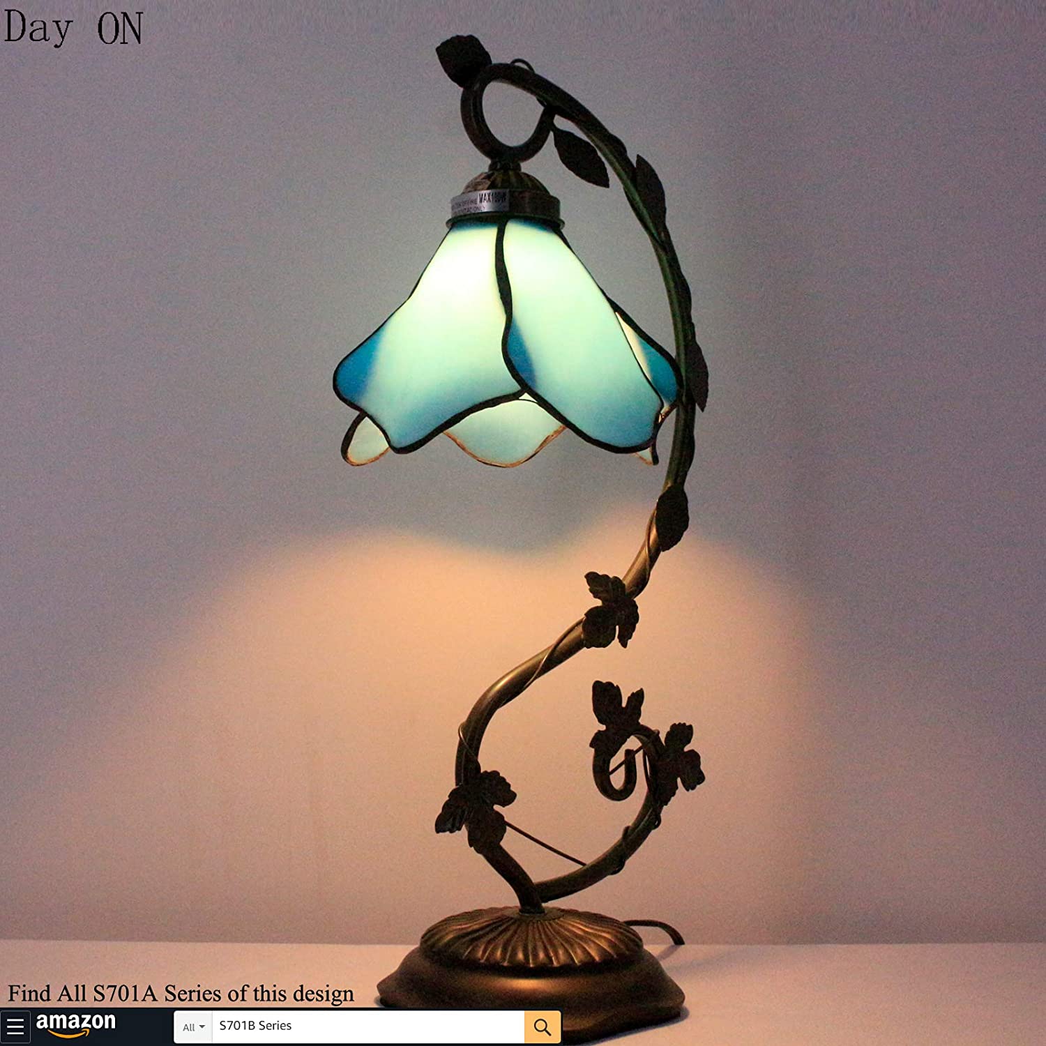 SHADY  Lamp Blue Stained Glass Table Lamp  Metal Leaf Table Desk Reading Light 8X10X21 Inches Decor Small Space Bedroom Home Office S701 Series