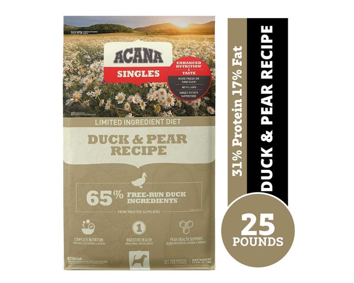 Acana Singles Limited Ingredient Duck  Pear Grain-Free Adult Dry Dog Food， 25 lb. Bag