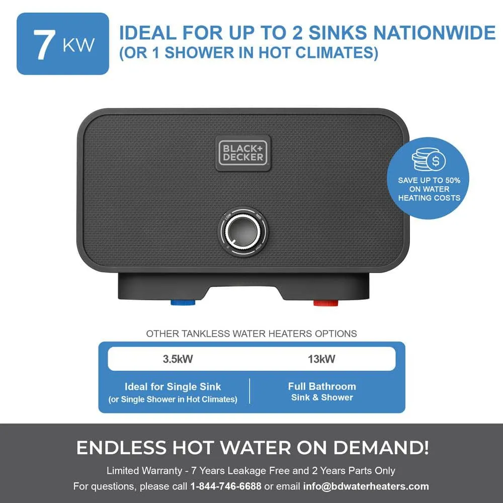 BLACK+DECKER 7 kW/240V 1.4 GPM Electric Tankless Water Heater up to 2 Sinks Nationwide or 1 Shower in Hot Climates BD-POU-7HD