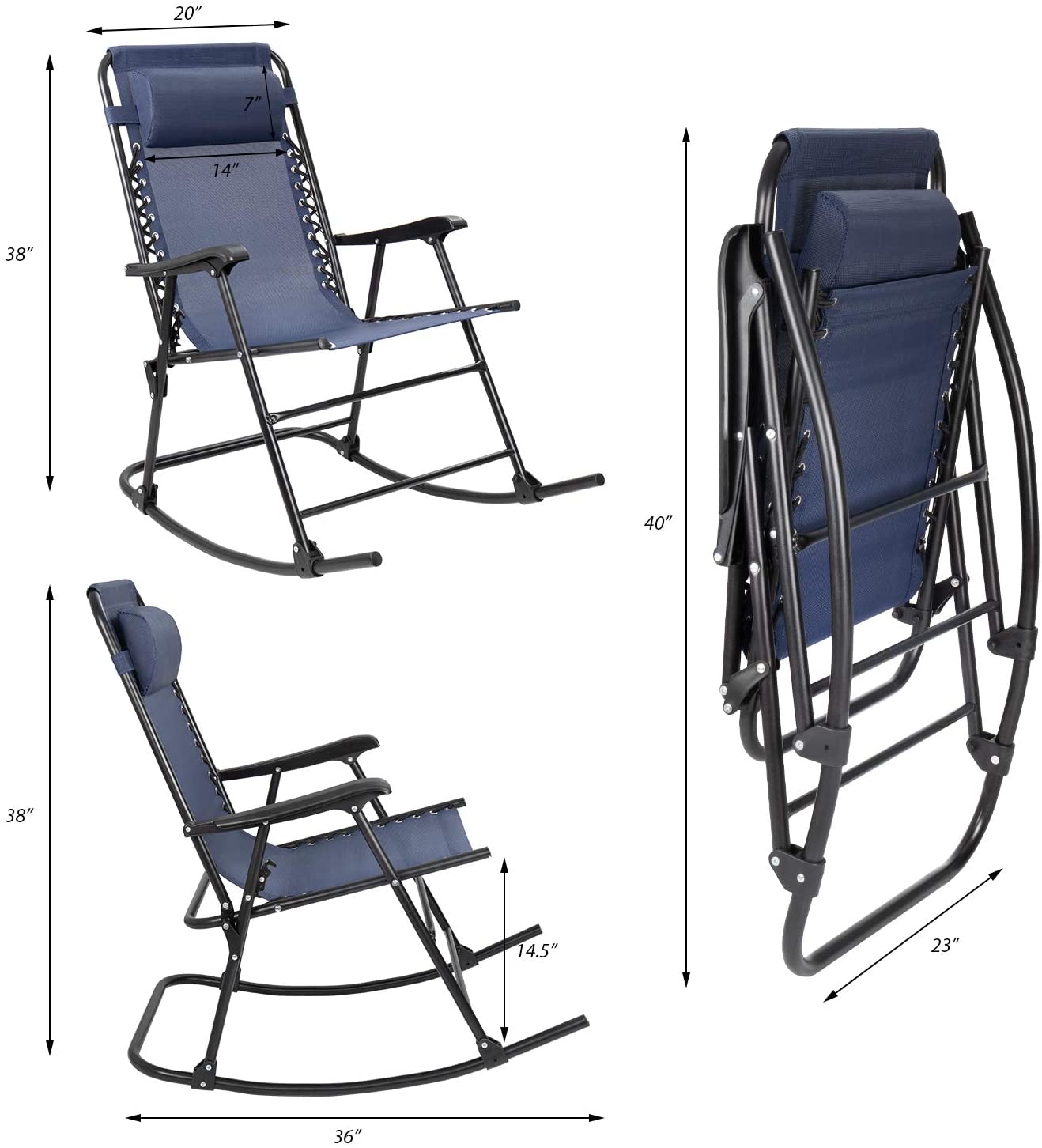 Devoko Zero Gravity Rocking Chair with Headrest Pillow Folding Recliner Foldable Lounge Chair, Blue