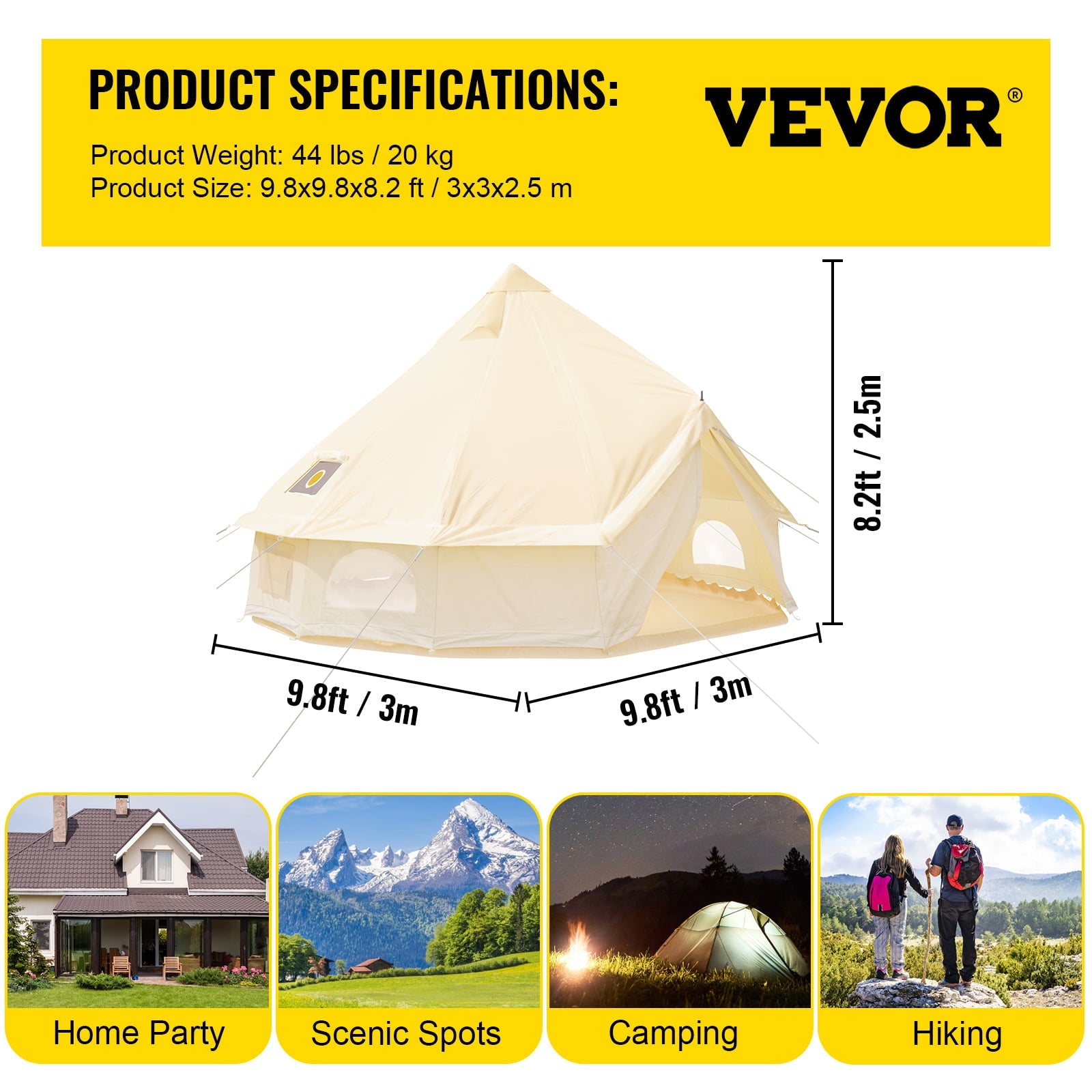 VEVORbrand Canvas Bell Tent 9.84ft Cotton Canvas Tent with Wall Stove Jacket Glamping Tent Waterproof Bell Tent for Family Camping Outdoor Hunting in 4 Seasons