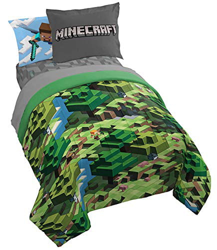 Minecraft Kids 4 Pieces Green Bed-in-a-Bag, 100% Microfiber, Gaming Bedding, Full
